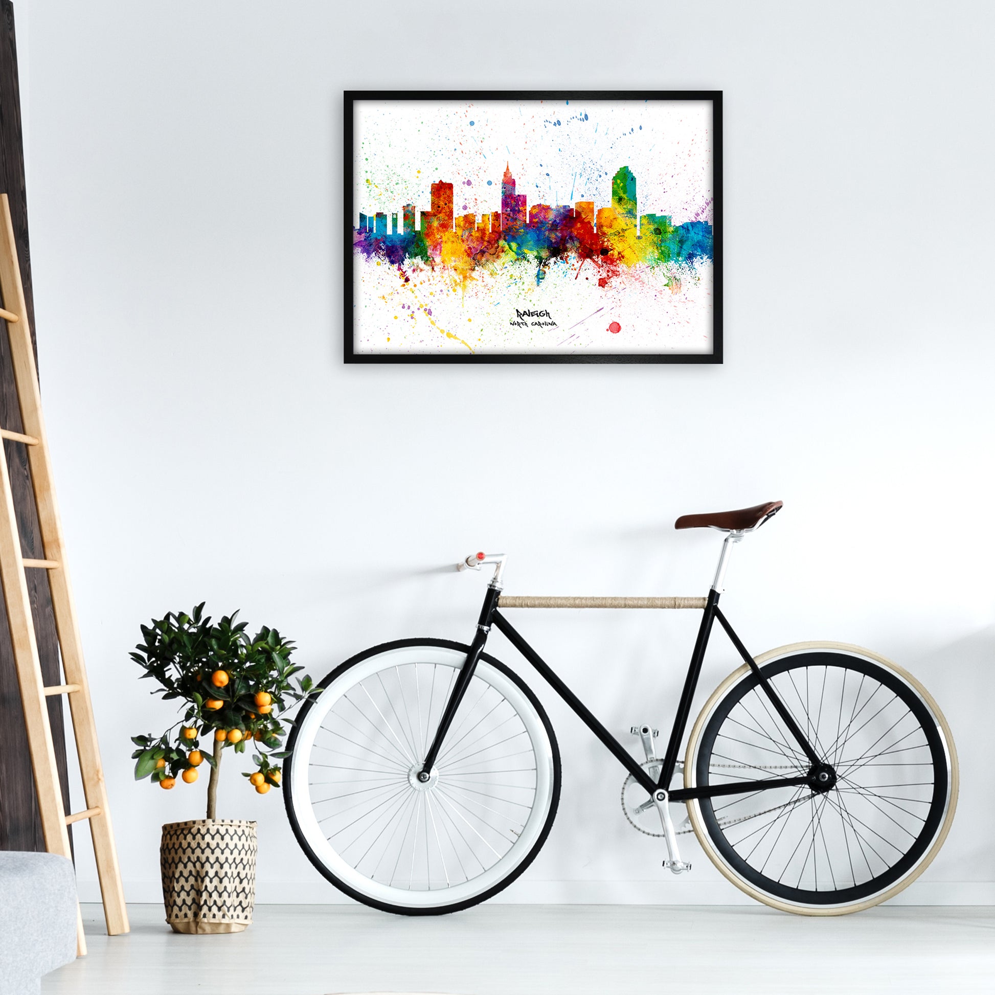 Raleigh North Carolina Skyline Splash Art Print by Michael Tompsett A1 White Frame