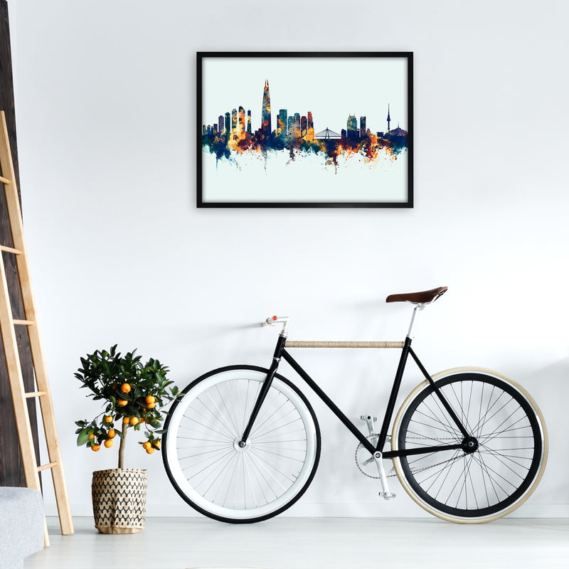 Seoul South Korea Skyline Blue Orange Art Print by Michael Tompsett A1 White Frame