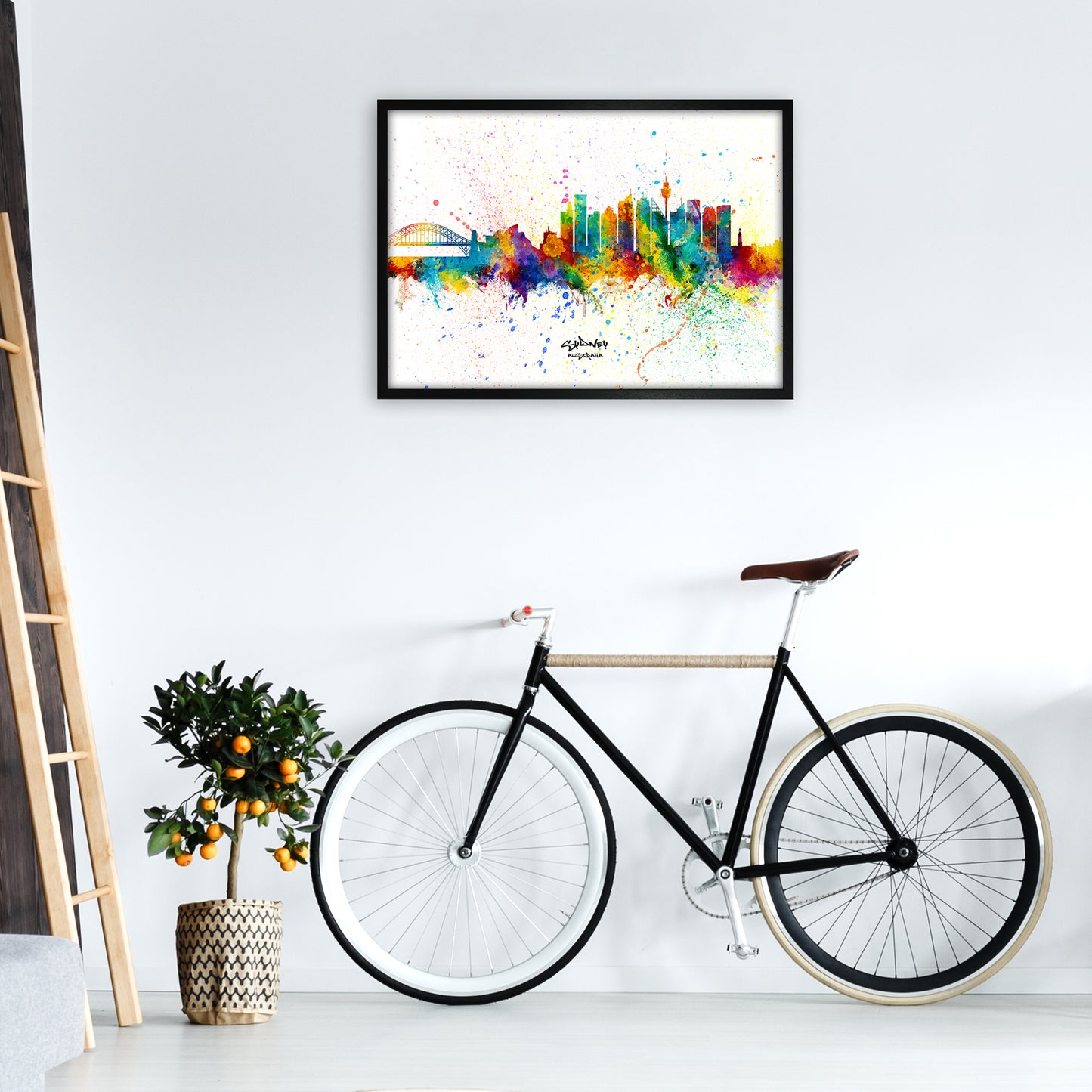 Sydney Australia Skyline Splash Art Print by Michael Tompsett A1 White Frame
