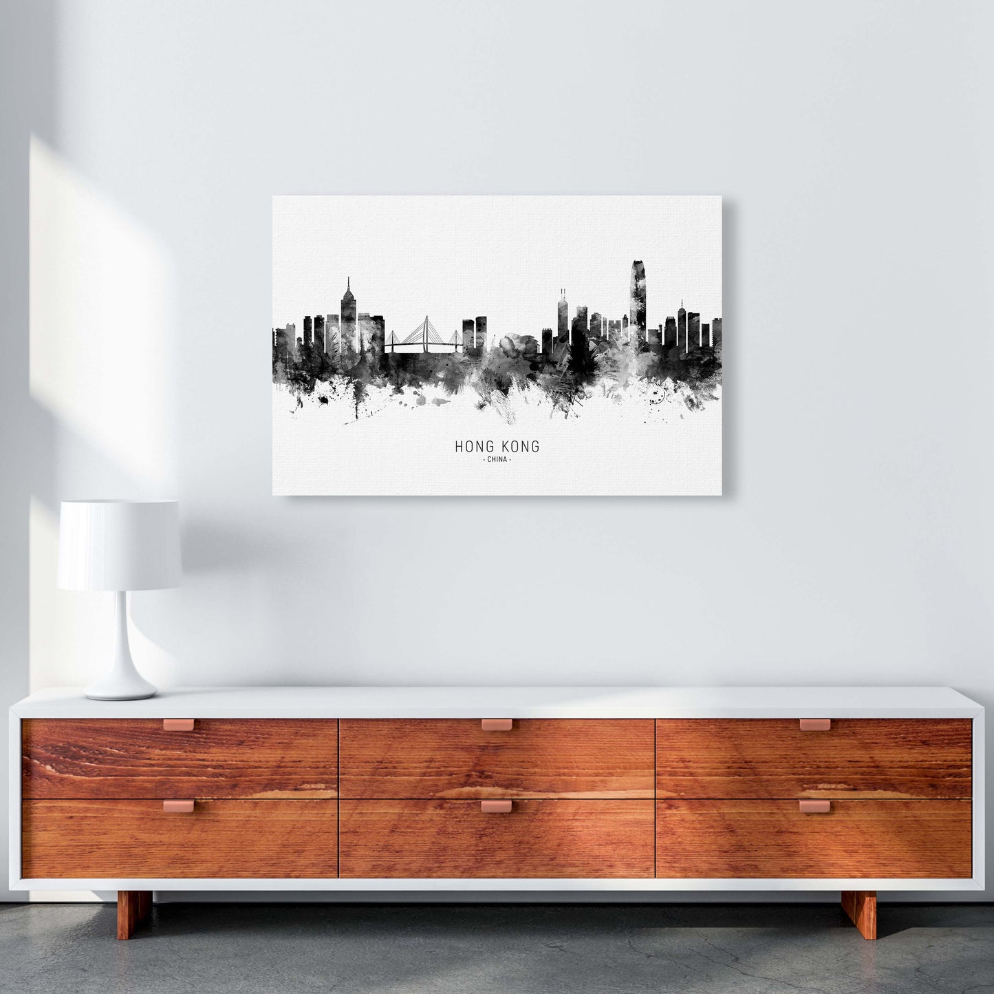 Hong Kong China Skyline Black White City Name  by Michael Tompsett A1 Canvas