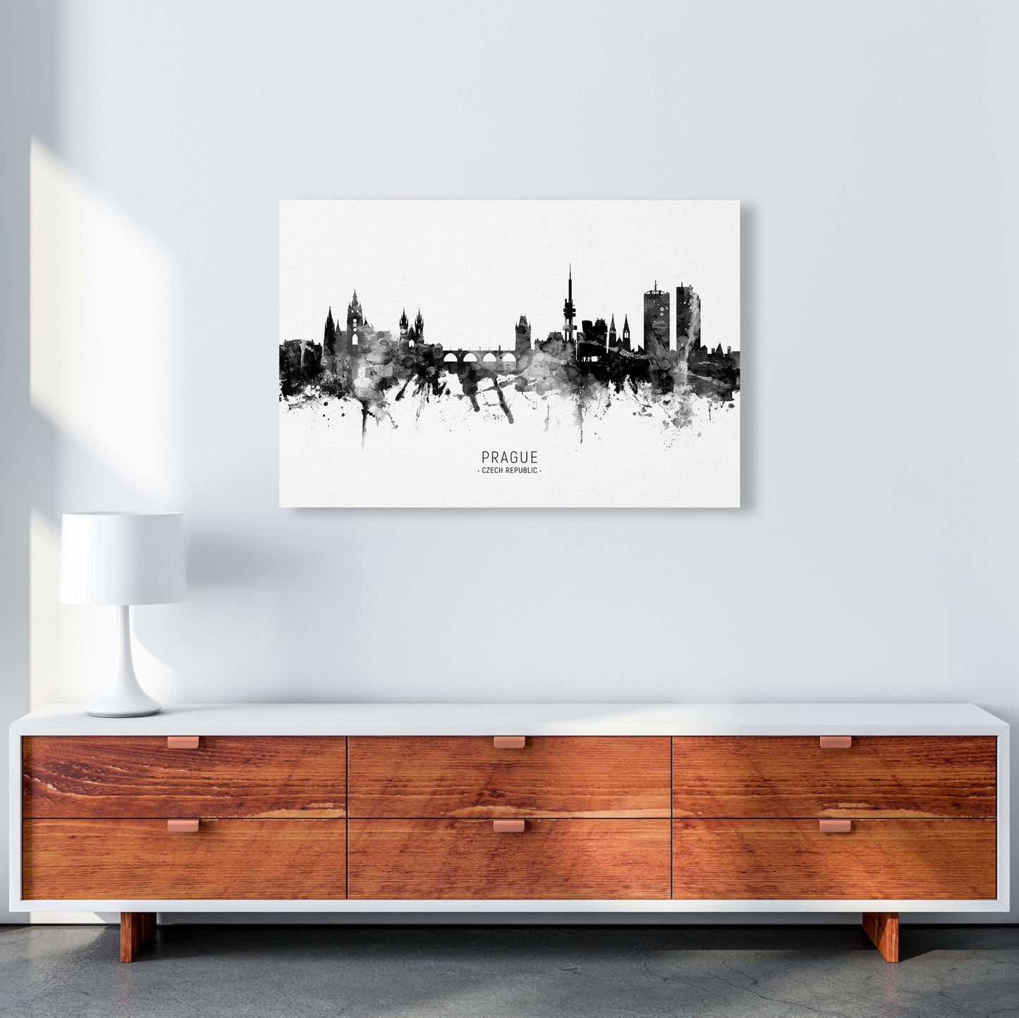 Prague Czech Republic Skyline Black White City Name  by Michael Tompsett A1 Canvas