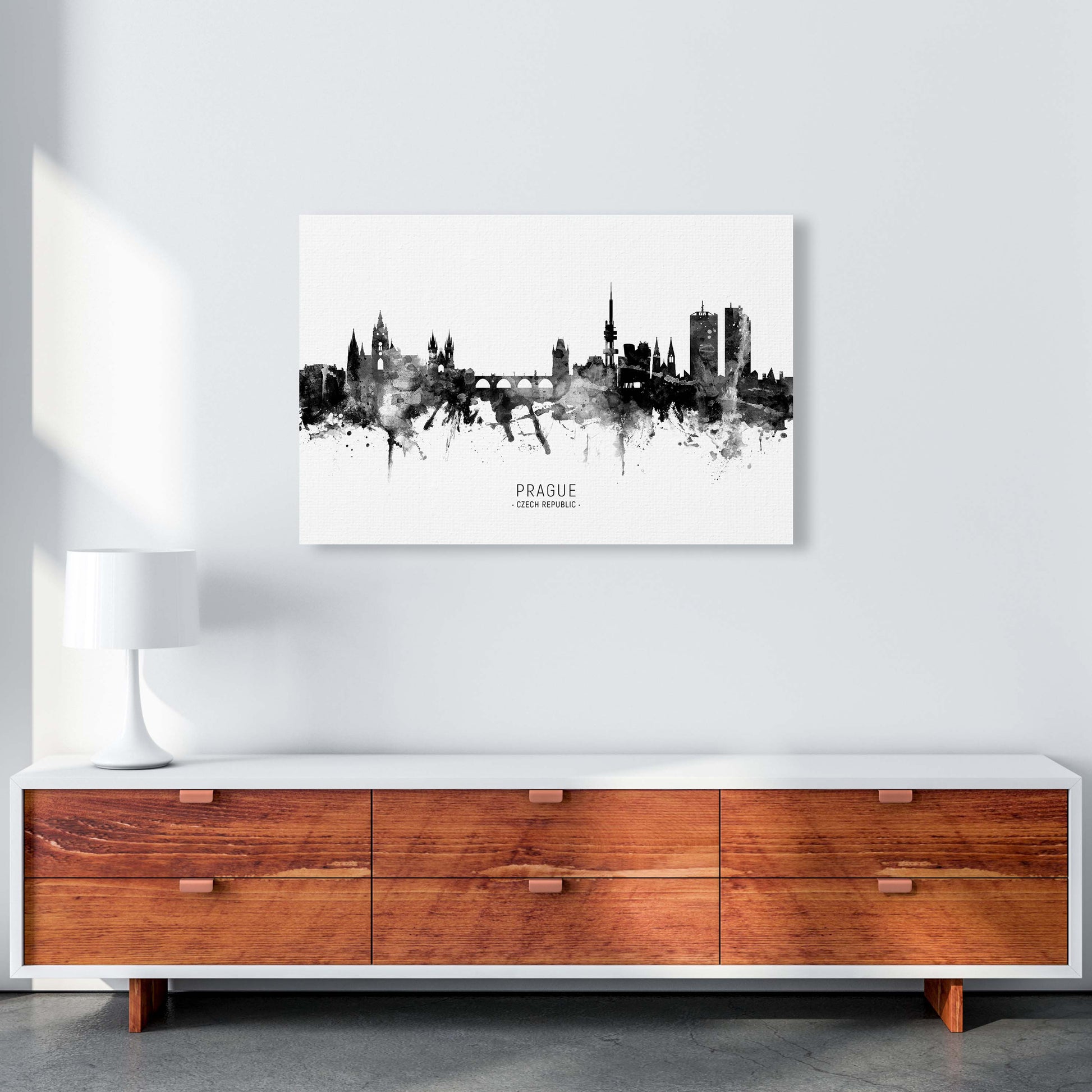 Prague Czech Republic Skyline Black White City Name  by Michael Tompsett A1 Canvas
