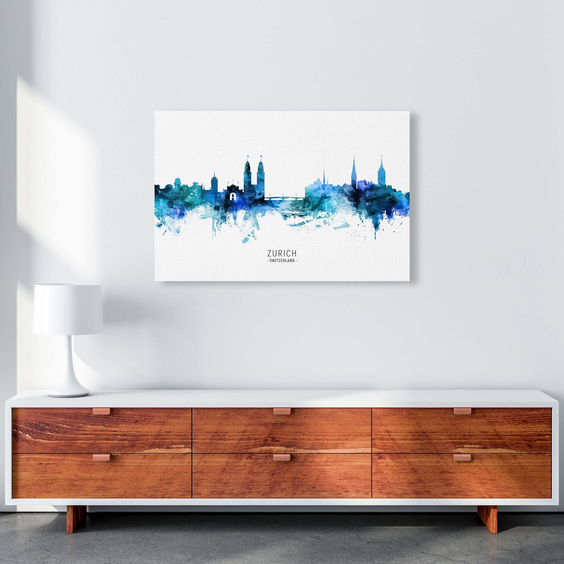 Zurich Switzerland Skyline Blue City Name  by Michael Tompsett A1 Canvas