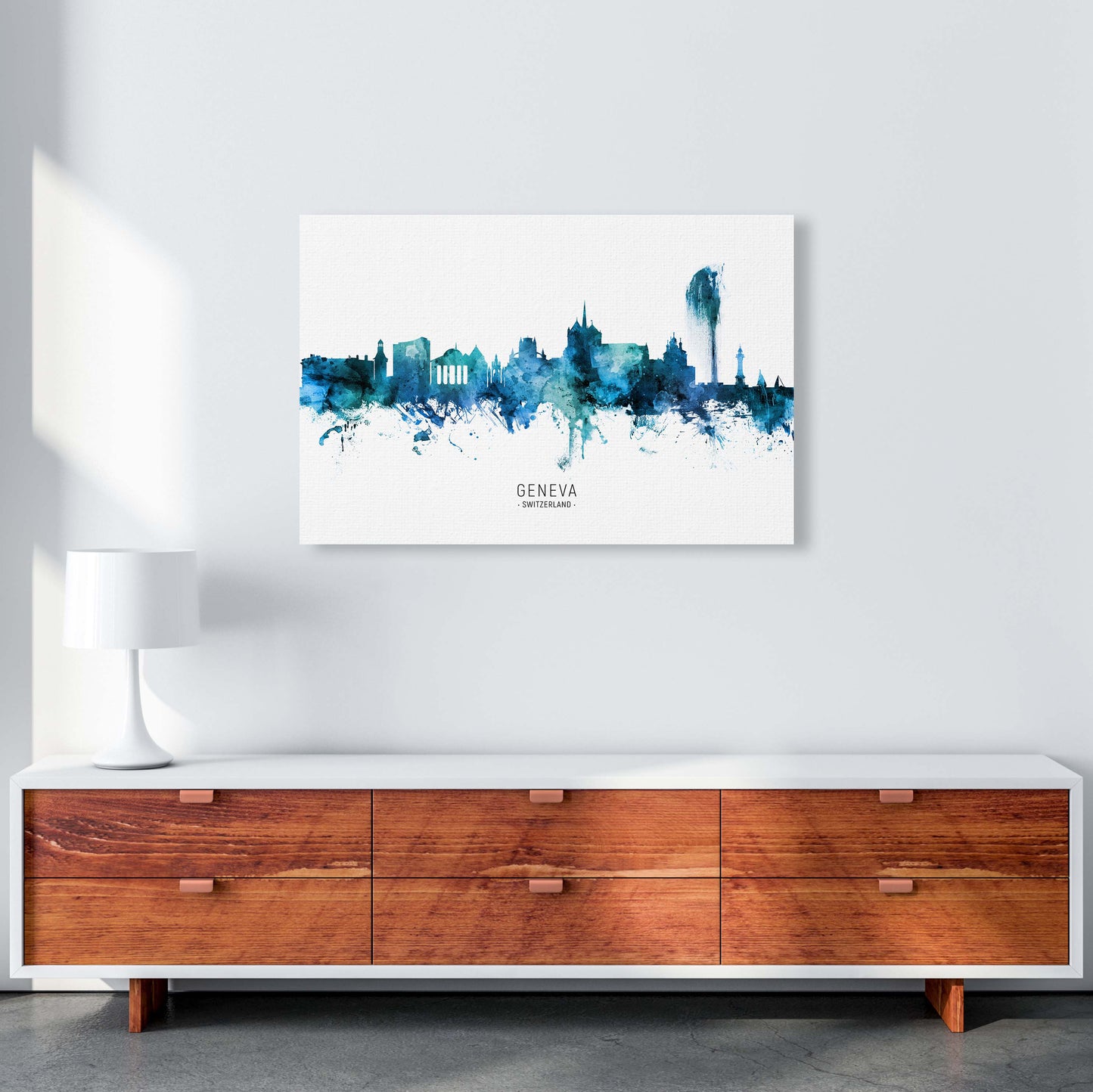 Geneva Switzerland Skyline Blue City Name  by Michael Tompsett A1 Canvas