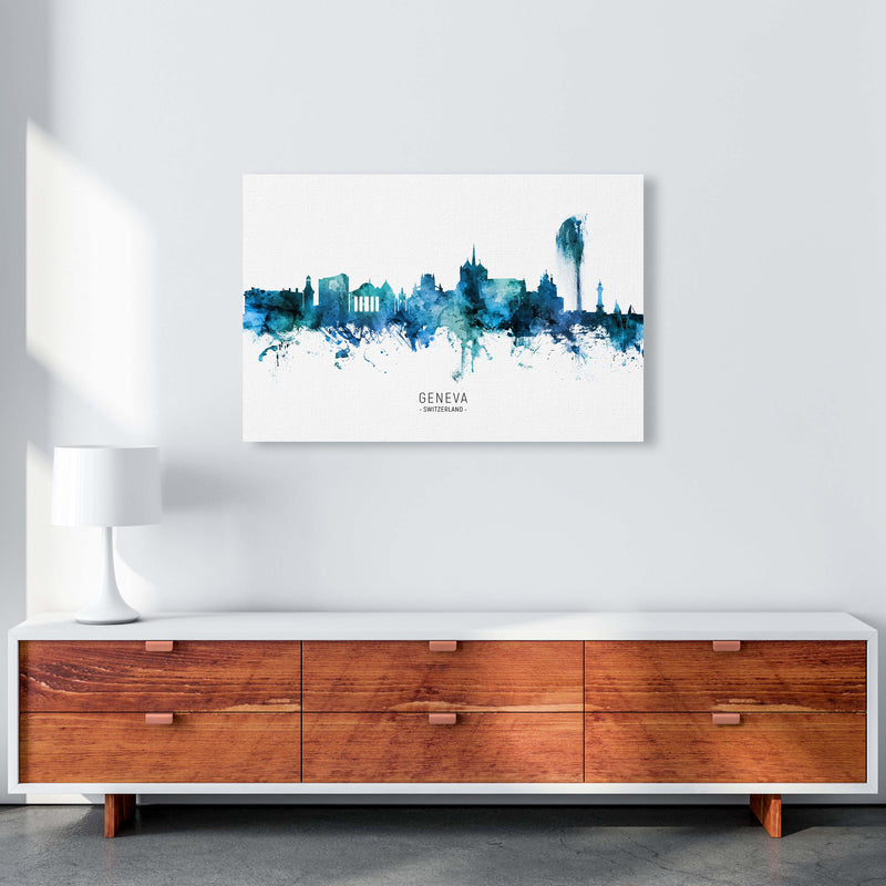 Geneva Switzerland Skyline Blue City Name  by Michael Tompsett A1 Canvas