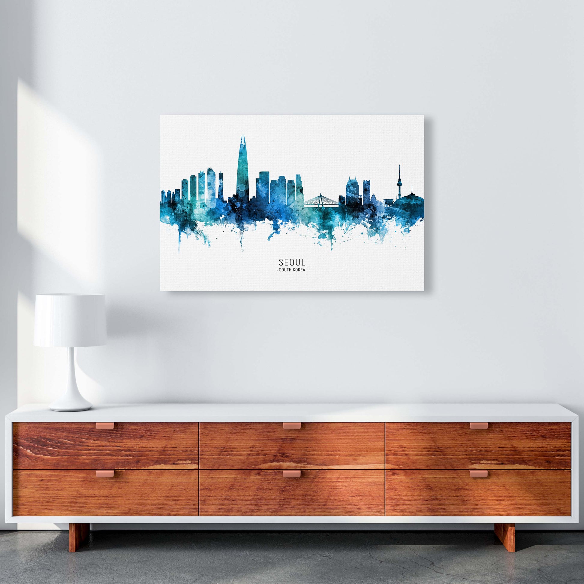 Seoul South Korea Skyline Blue City Name  by Michael Tompsett A1 Canvas