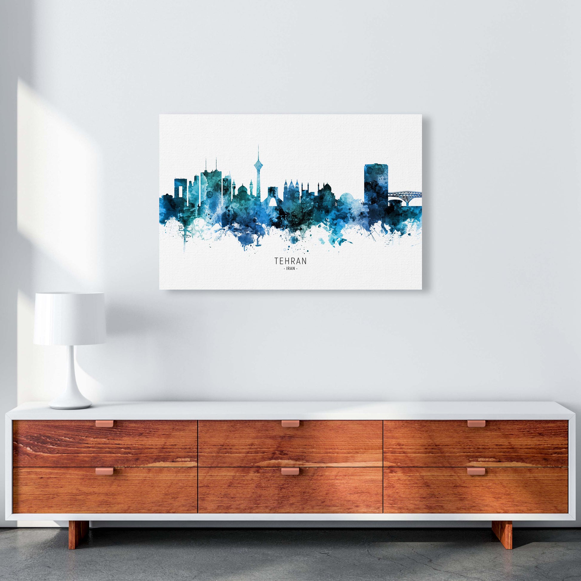 Tehran Iran Skyline Blue City Name Print by Michael Tompsett A1 Canvas