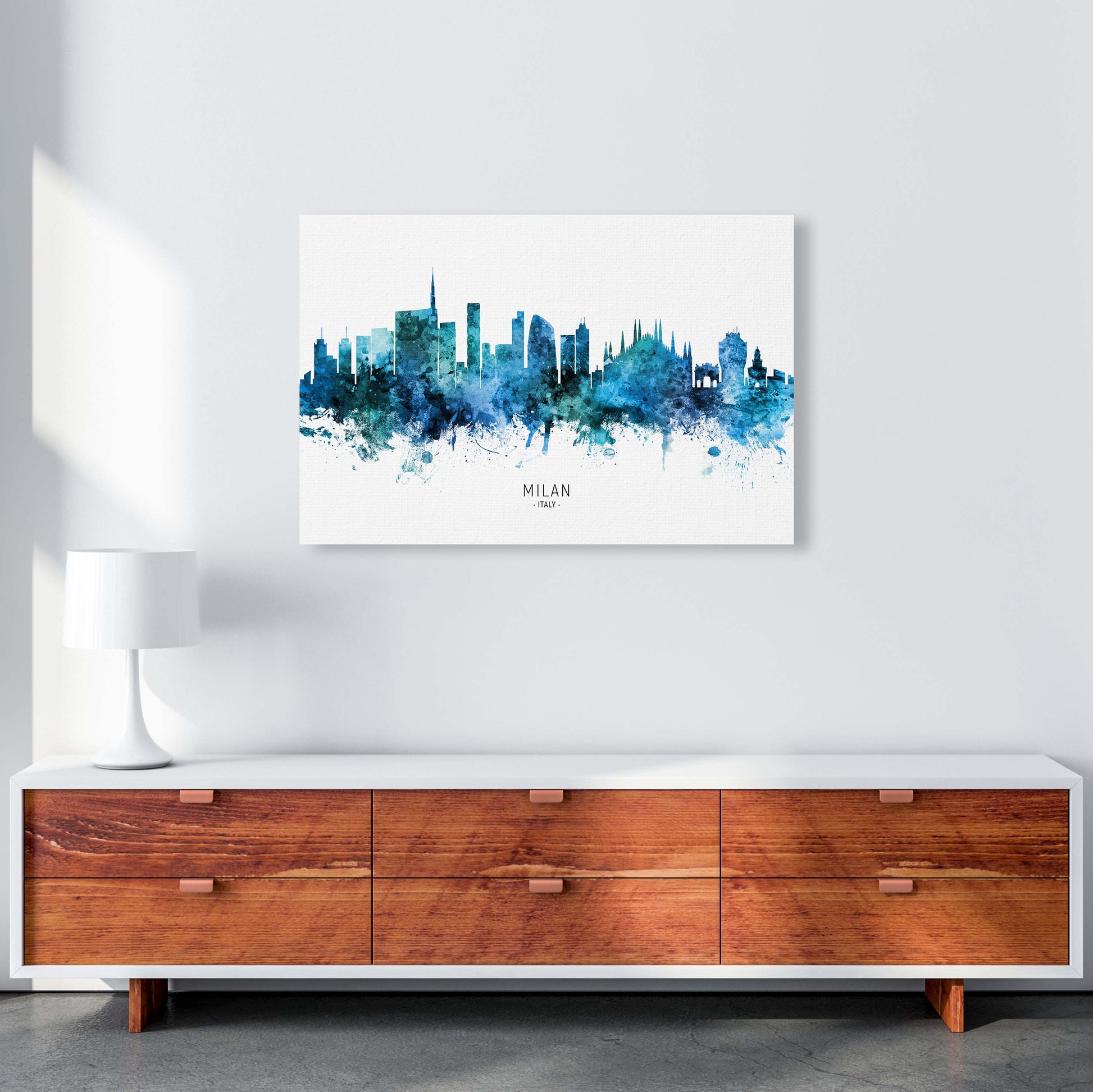 Milan Italy Skyline Blue City Name Print by Michael Tompsett A1 Canvas
