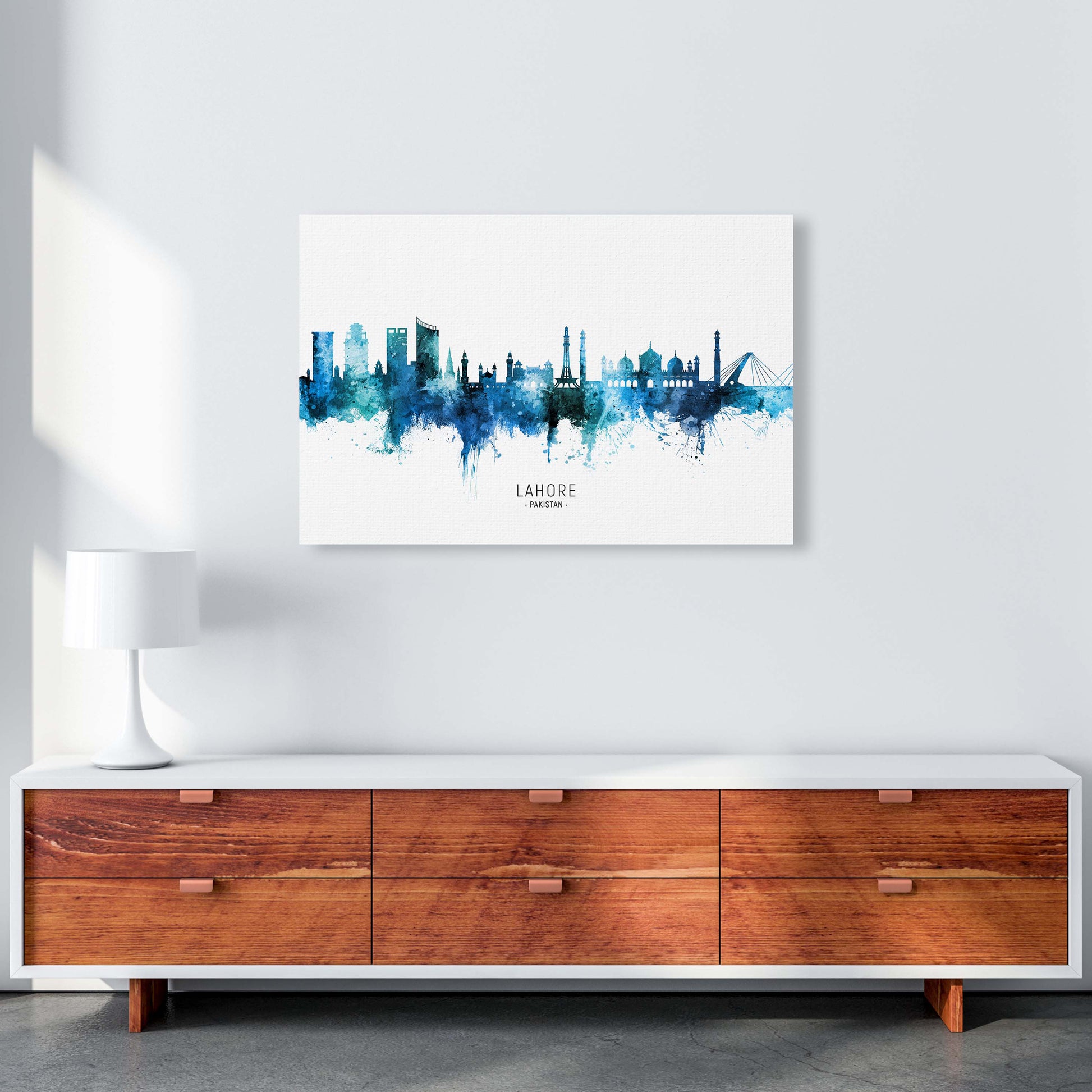 Lahore Pakistan Skyline Blue City Name  by Michael Tompsett A1 Canvas