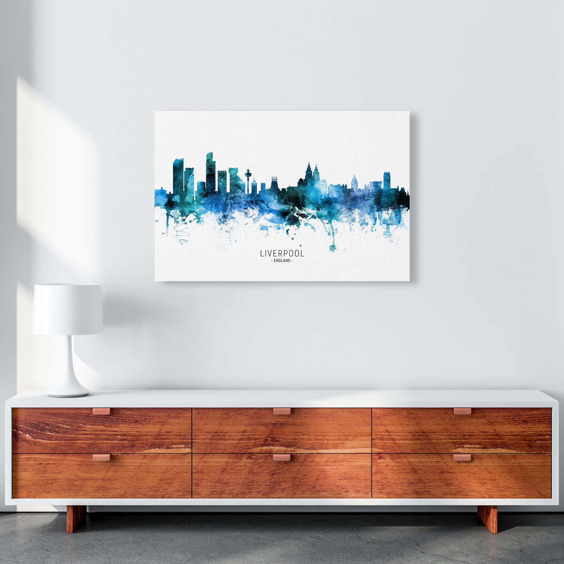 Liverpool England Skyline Blue City Name  by Michael Tompsett A1 Canvas