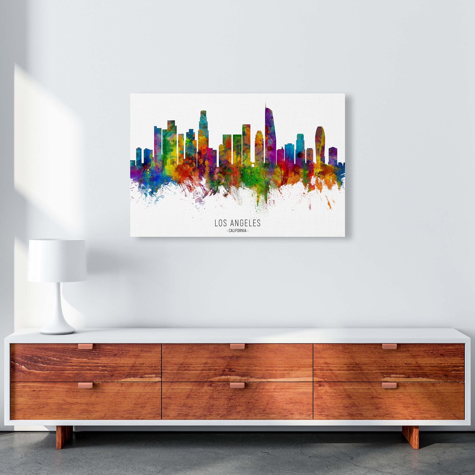 Los Angeles California Skyline Red City Name  by Michael Tompsett A1 Canvas