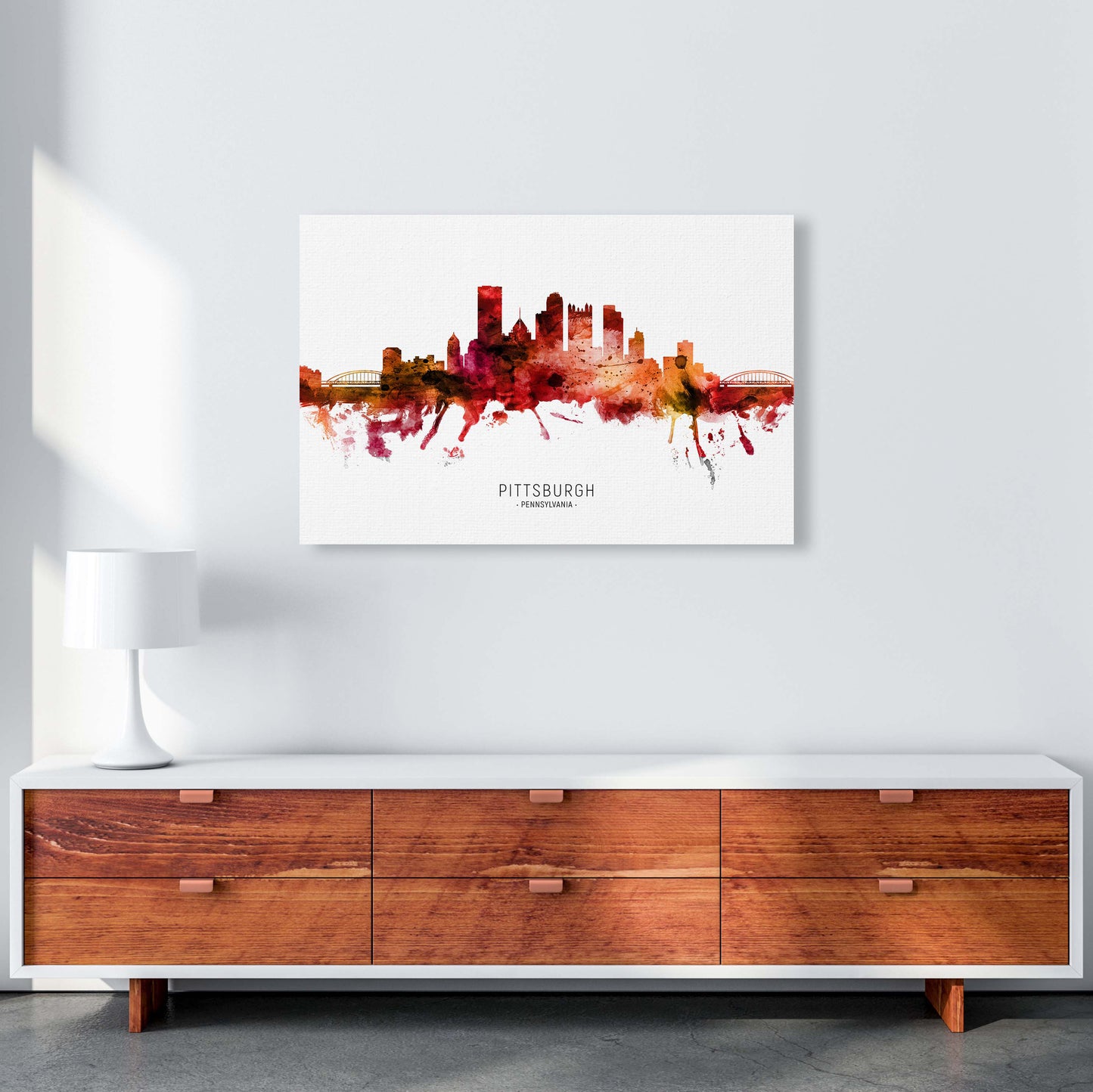 Pittsburgh Pennsylvania Skyline Red City Name  by Michael Tompsett A1 Canvas