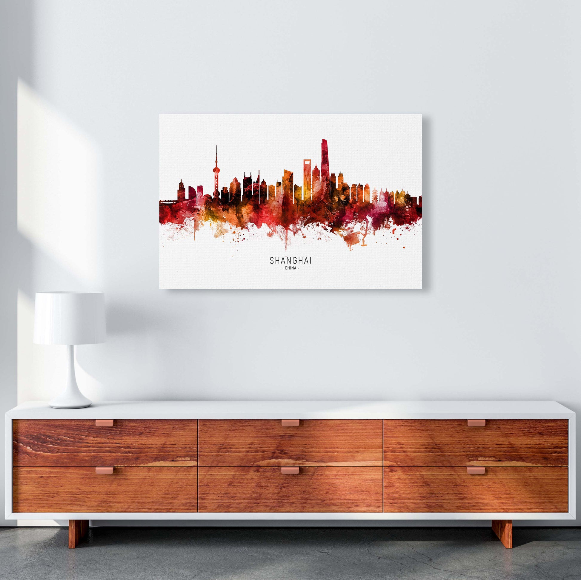 Shanghai China Skyline Red City Name  by Michael Tompsett A1 Canvas