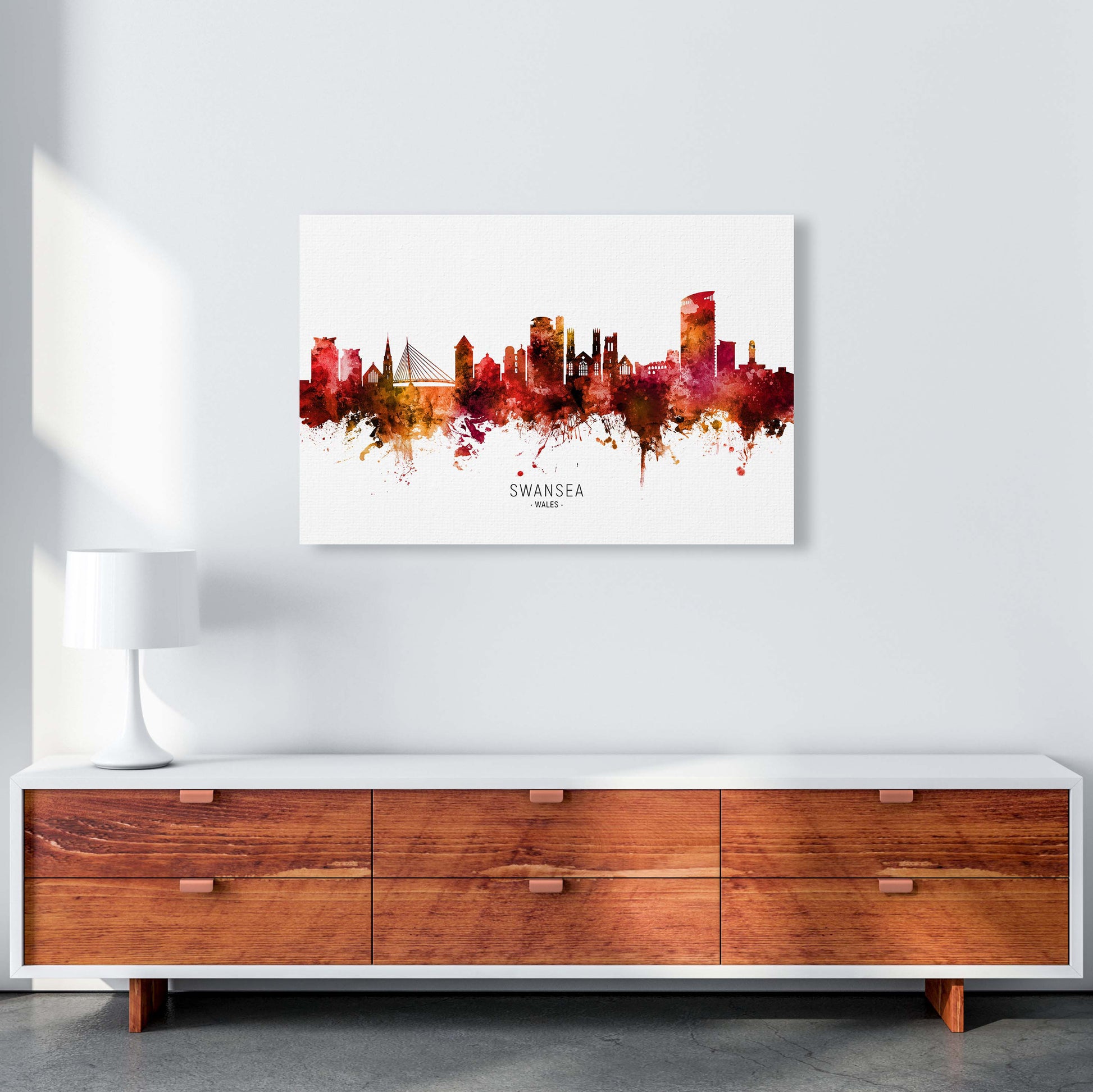 Swansea Wales Skyline Red City Name Print by Michael Tompsett A1 Canvas