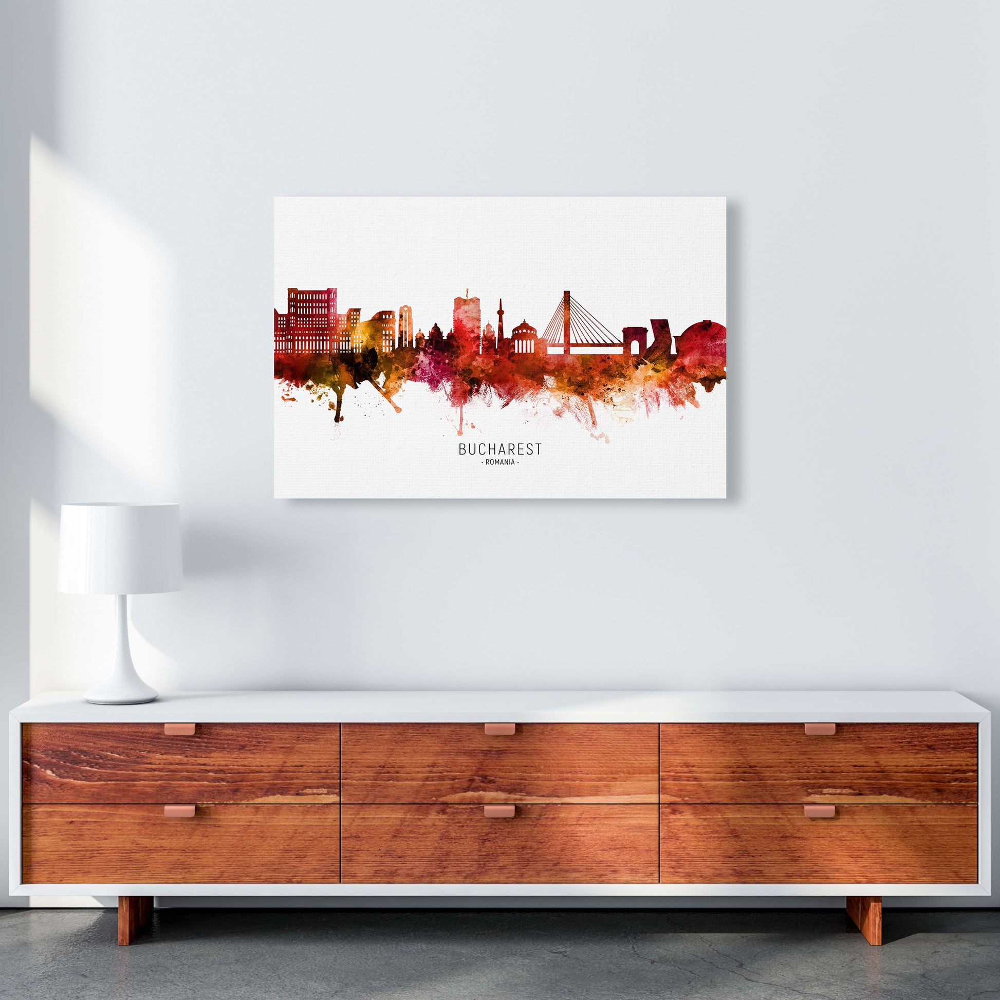 Bucharest Romania Skyline Red City Name  by Michael Tompsett A1 Canvas