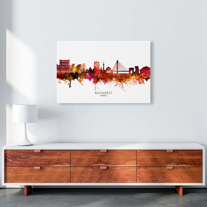 Bucharest Romania Skyline Red City Name  by Michael Tompsett A1 Canvas