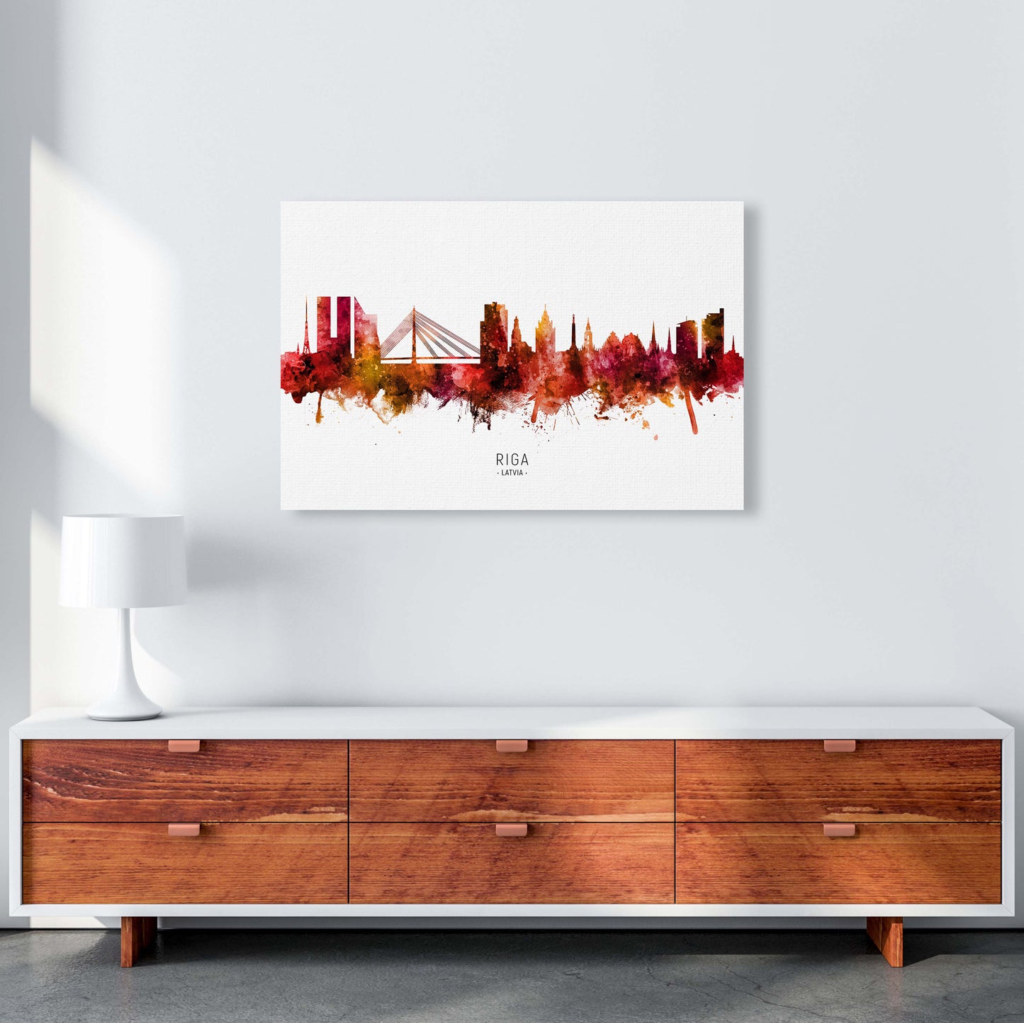Riga Latvia Skyline Red City Name Print by Michael Tompsett A1 Canvas