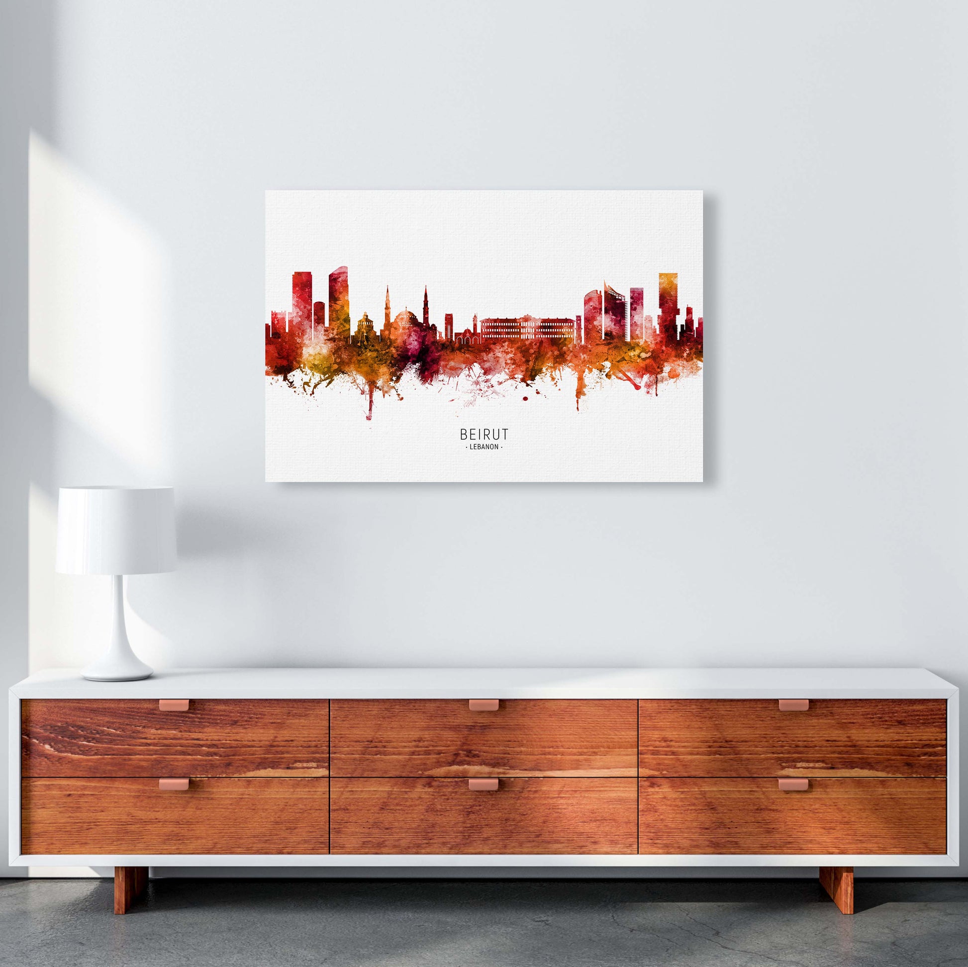 Beirut Lebanon Skyline Red City Name  by Michael Tompsett A1 Canvas