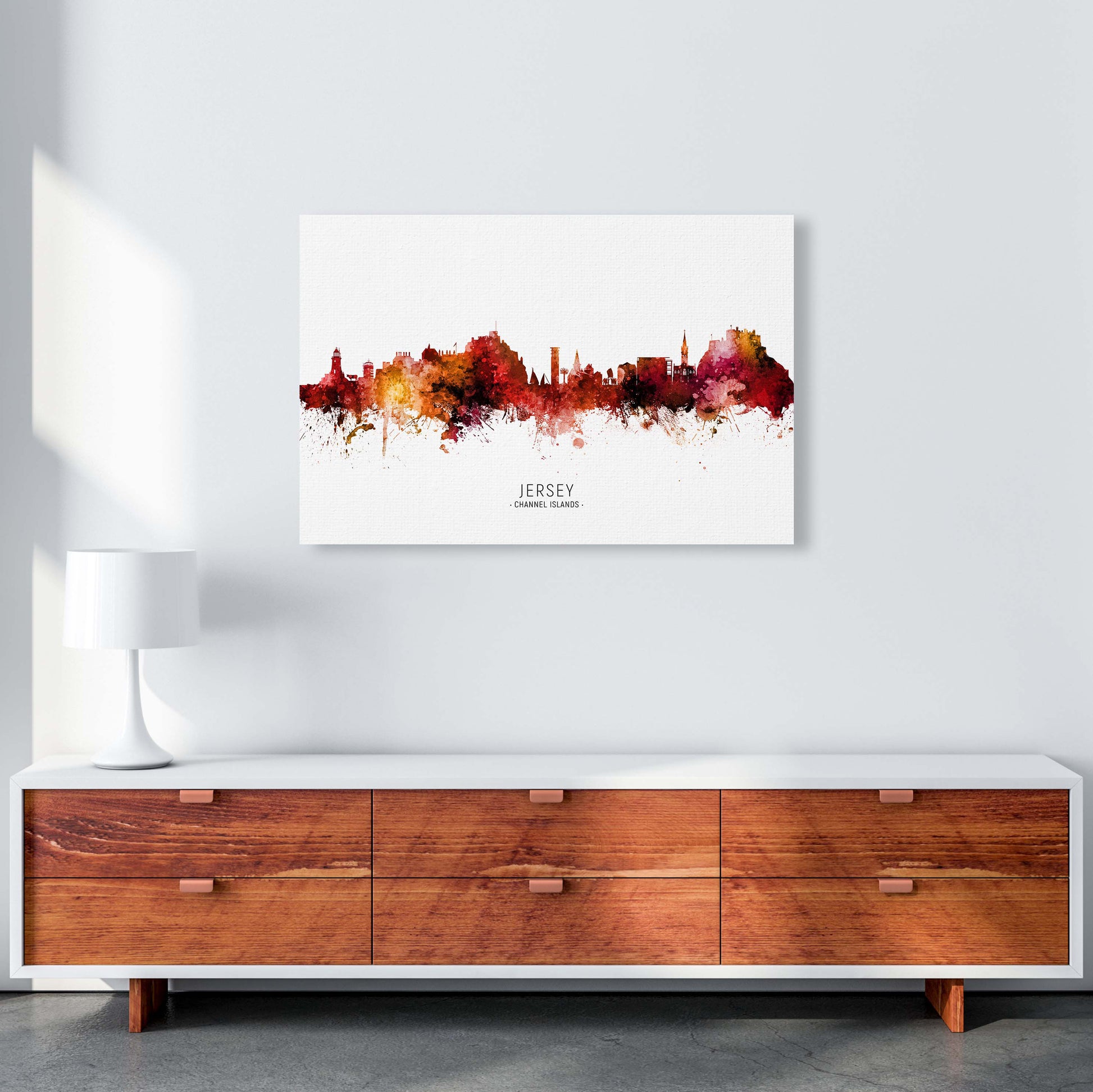 Jersey Channel Islands Skyline Red City Name  by Michael Tompsett A1 Canvas