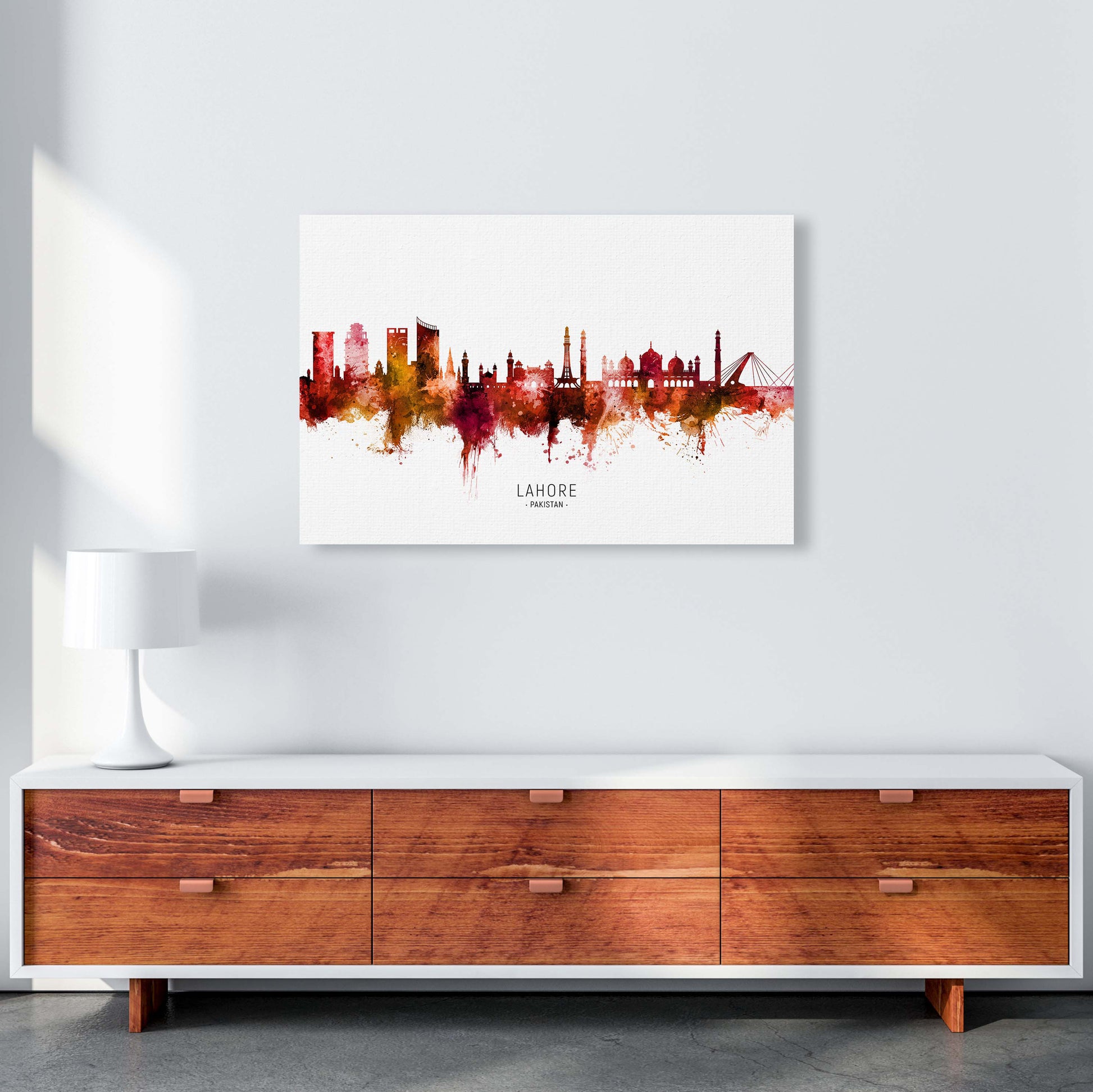 Lahore Pakistan Skyline Red City Name  by Michael Tompsett A1 Canvas