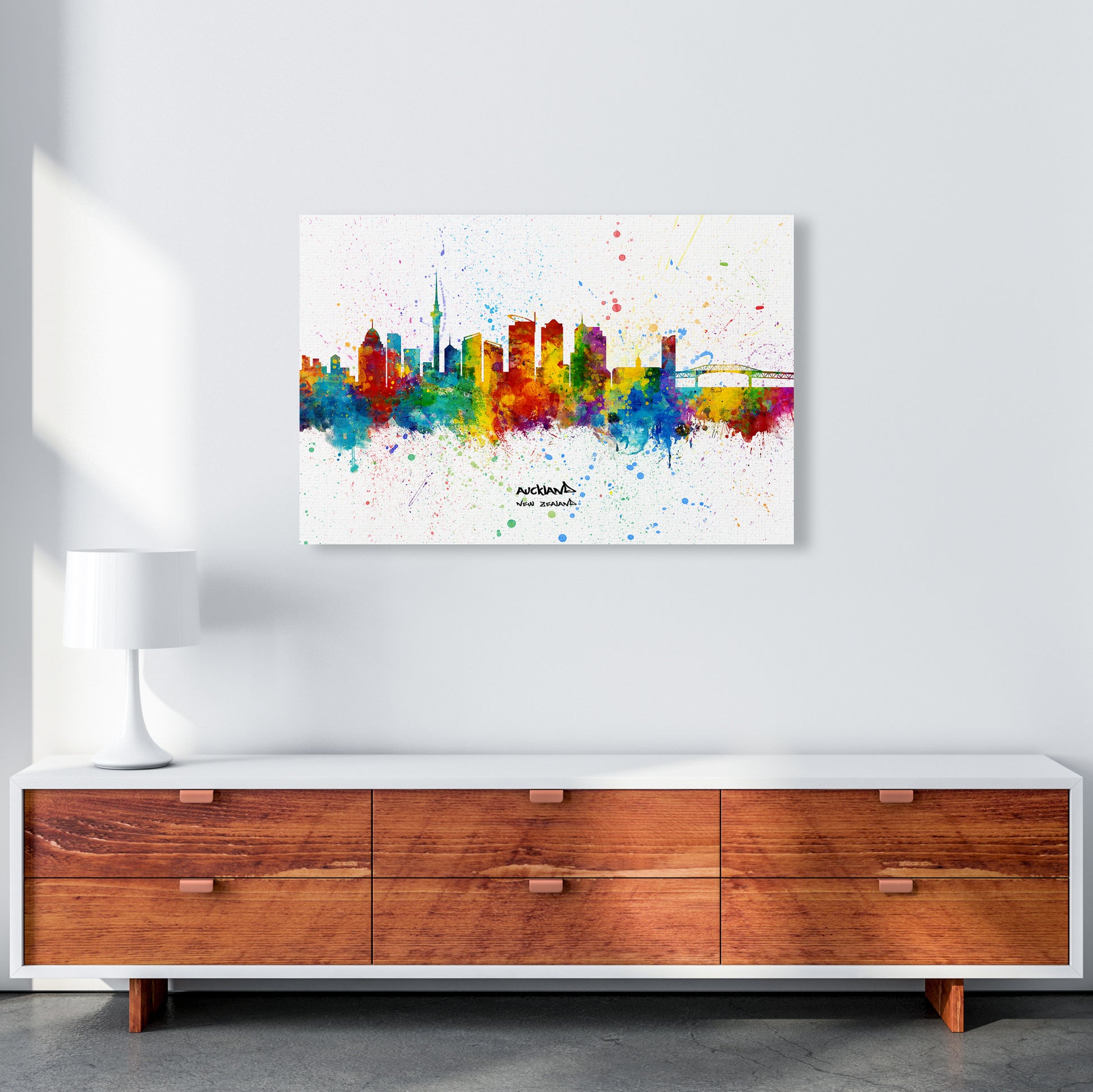Auckland New Zealand Skyline Splash Art Print by Michael Tompsett A1 Canvas