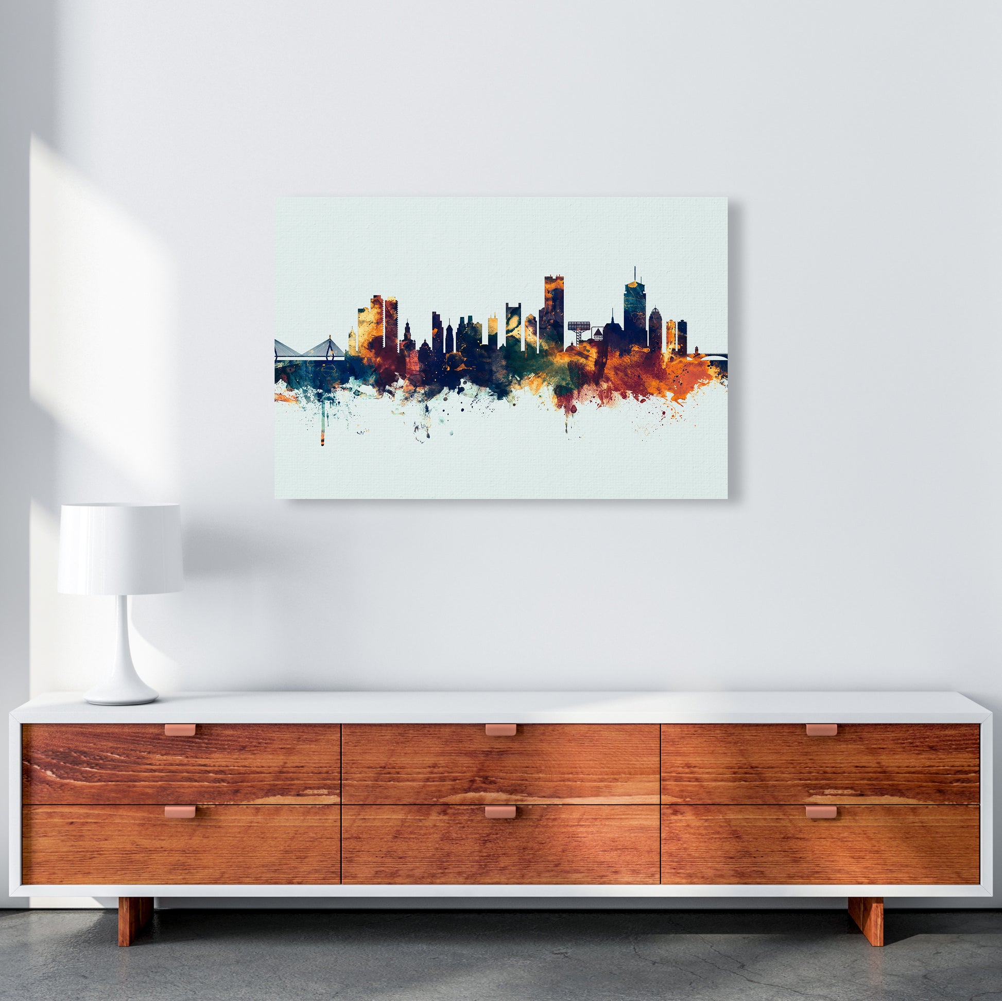 Boston Massachusetts Skyline Blue Orange Art Print by Michael Tompsett A1 Canvas