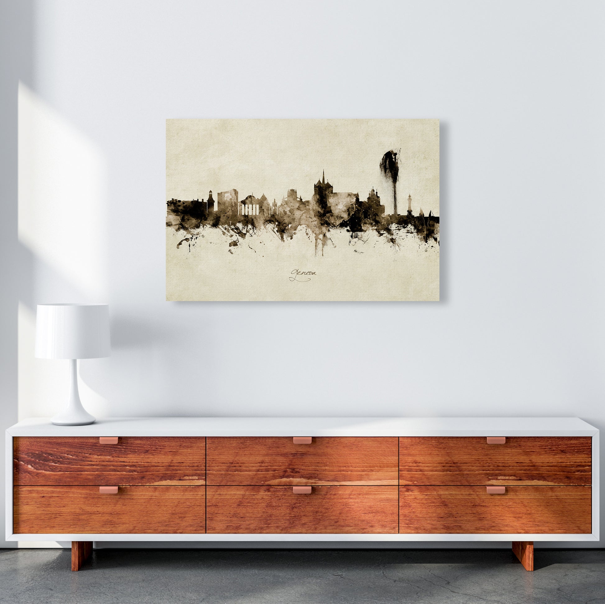 Geneva Switzerland Skyline Vintage Art Print by Michael Tompsett A1 Canvas