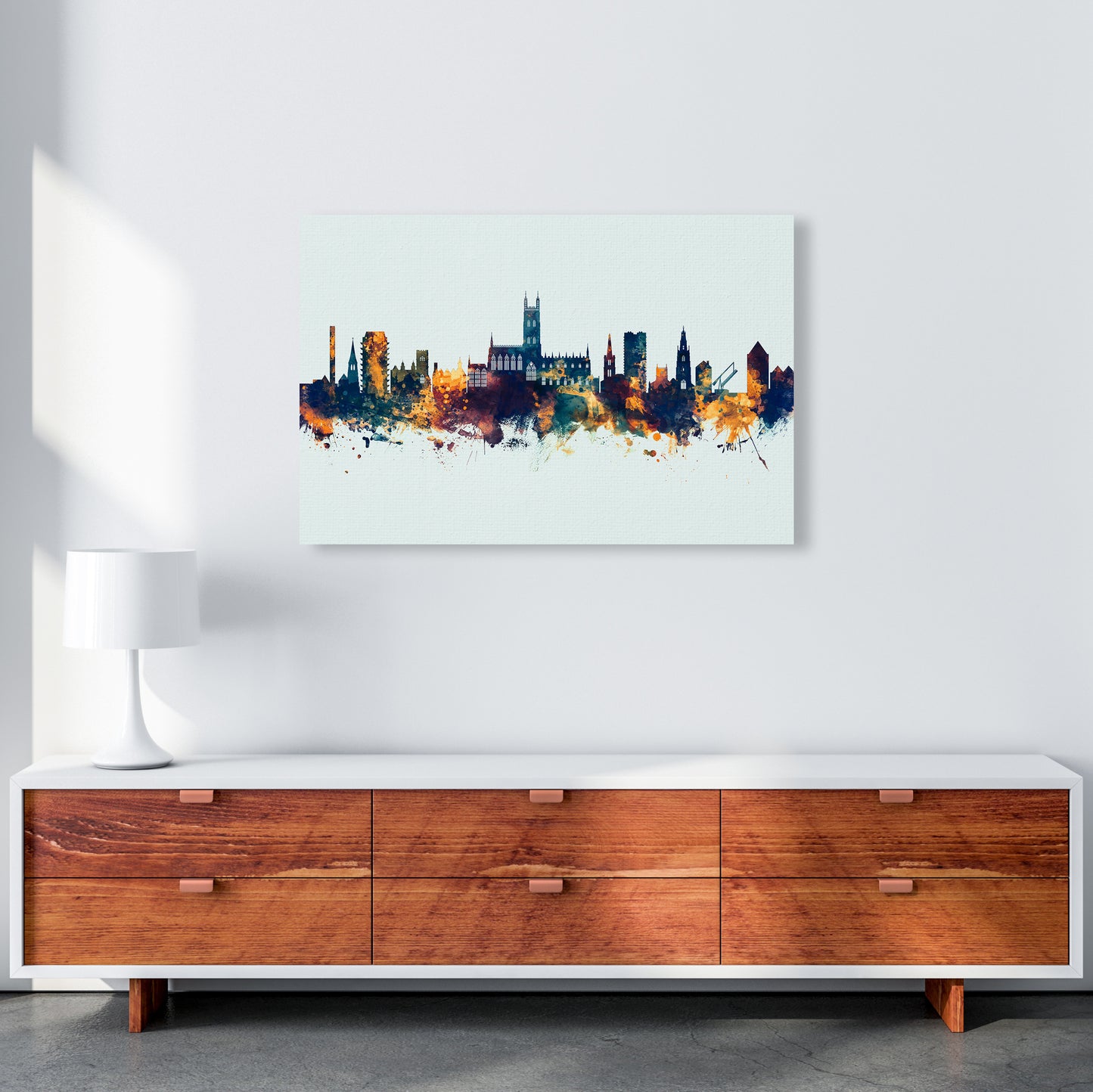 Gloucester England Skyline Blue Orange Art Print by Michael Tompsett A1 Canvas