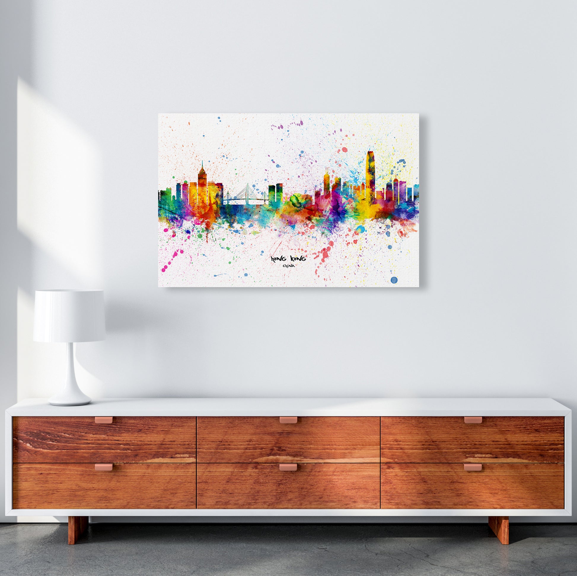 Hong Kong China Skyline Splash Art Print by Michael Tompsett A1 Canvas