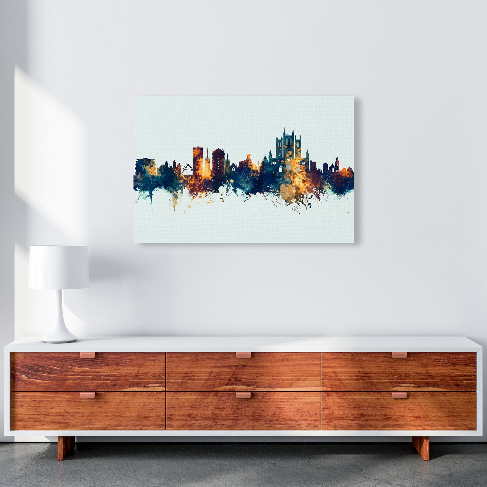 Lincoln England Skyline Blue Orange Art Print by Michael Tompsett A1 Canvas