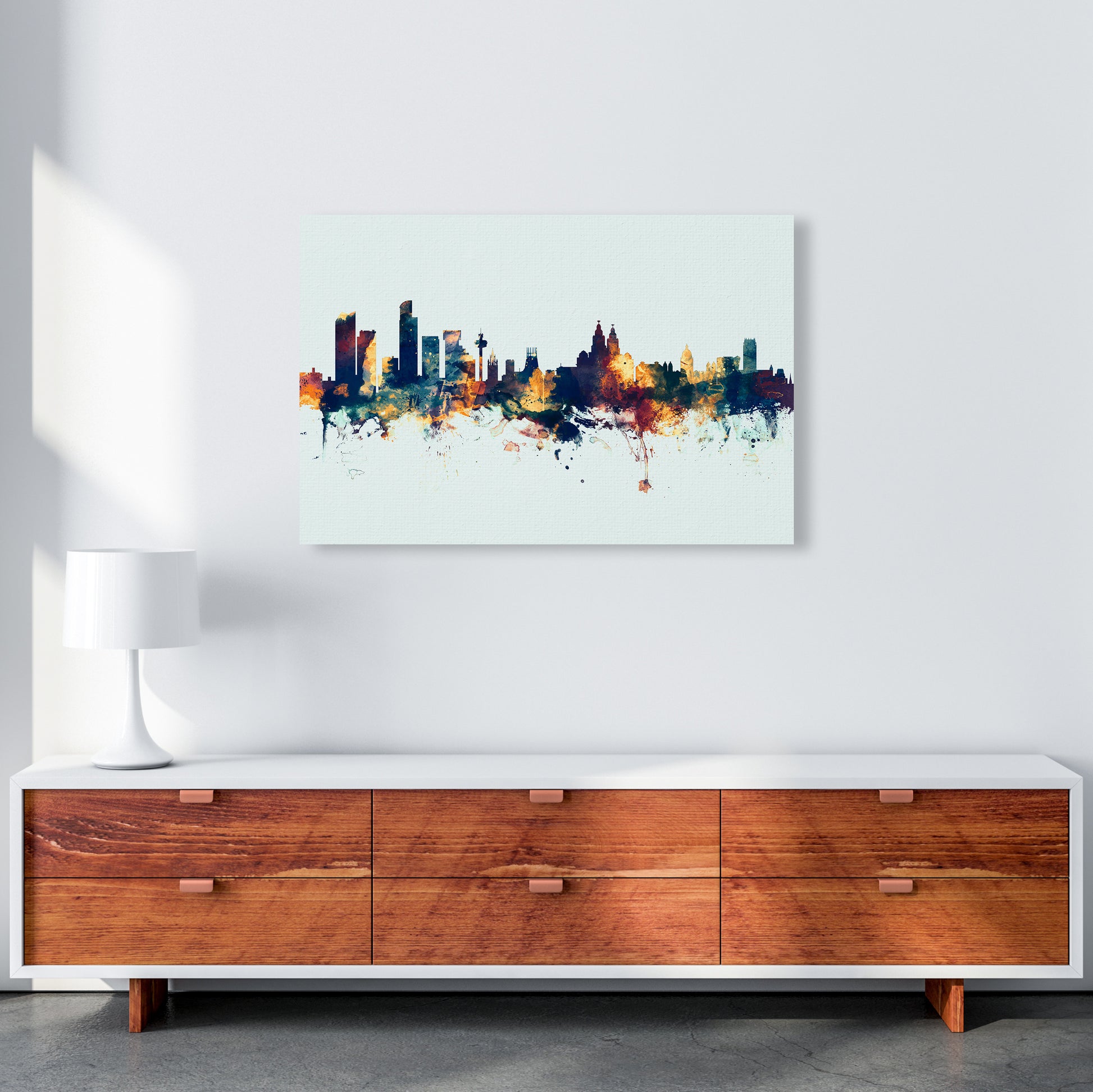 Liverpool England Skyline Blue Orange Art Print by Michael Tompsett A1 Canvas