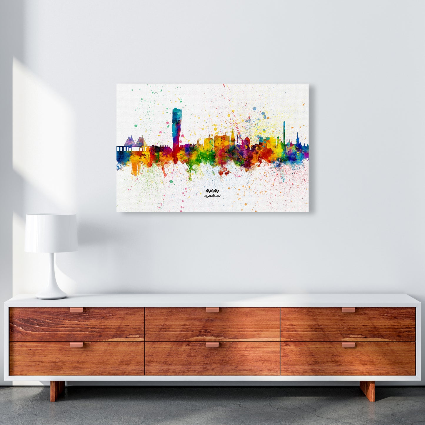 Malmo Sweden Skyline Splash Art Print by Michael Tompsett A1 Canvas
