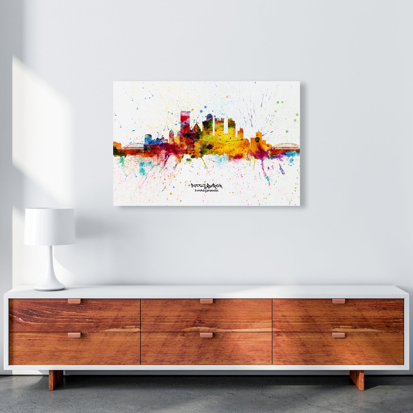 Pittsburgh Pennsylvania Skyline Splash Art Print by Michael Tompsett A1 Canvas