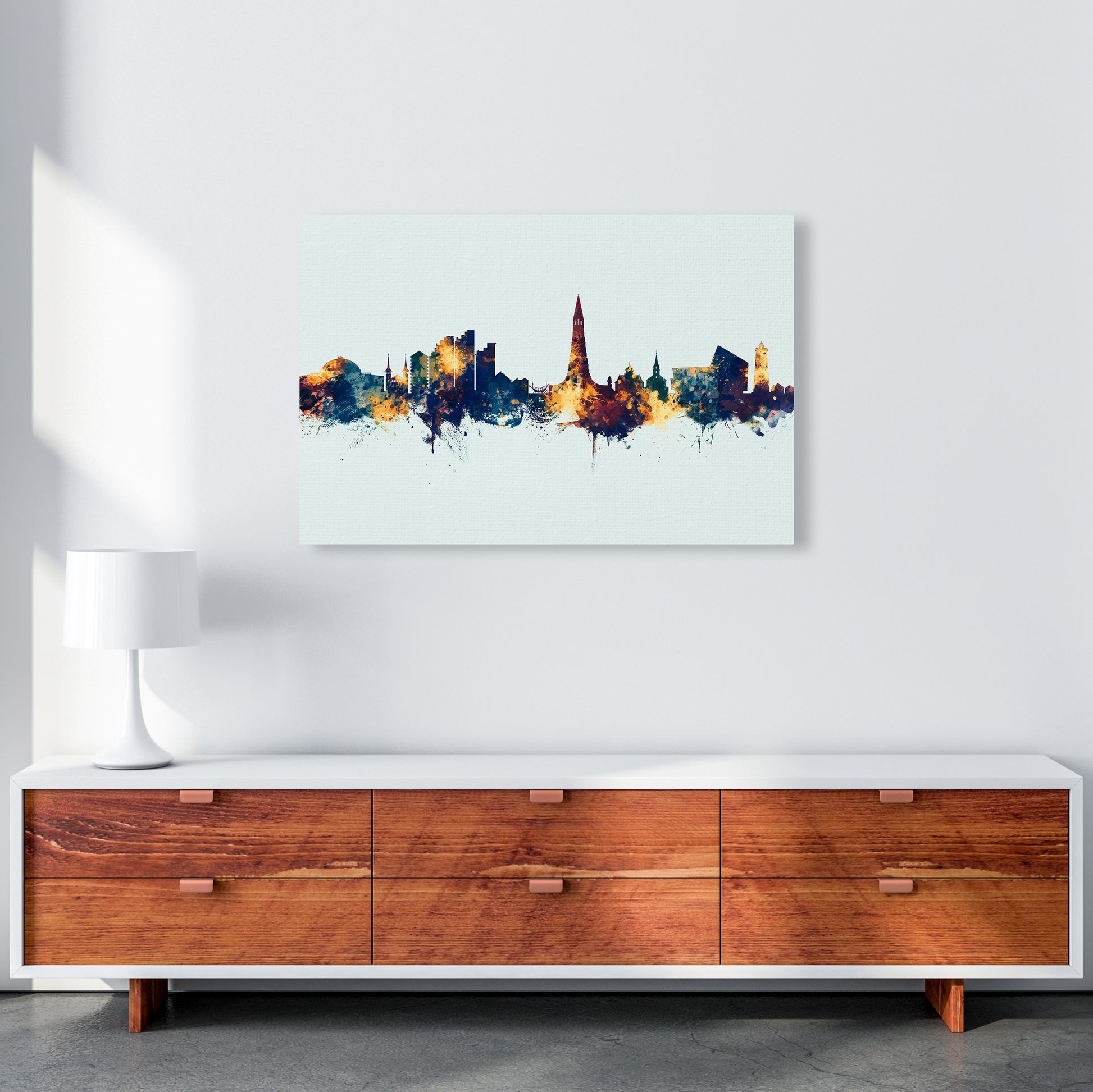 Reykjavik Iceland Skyline Blue Orange Art Print by Michael Tompsett A1 Canvas