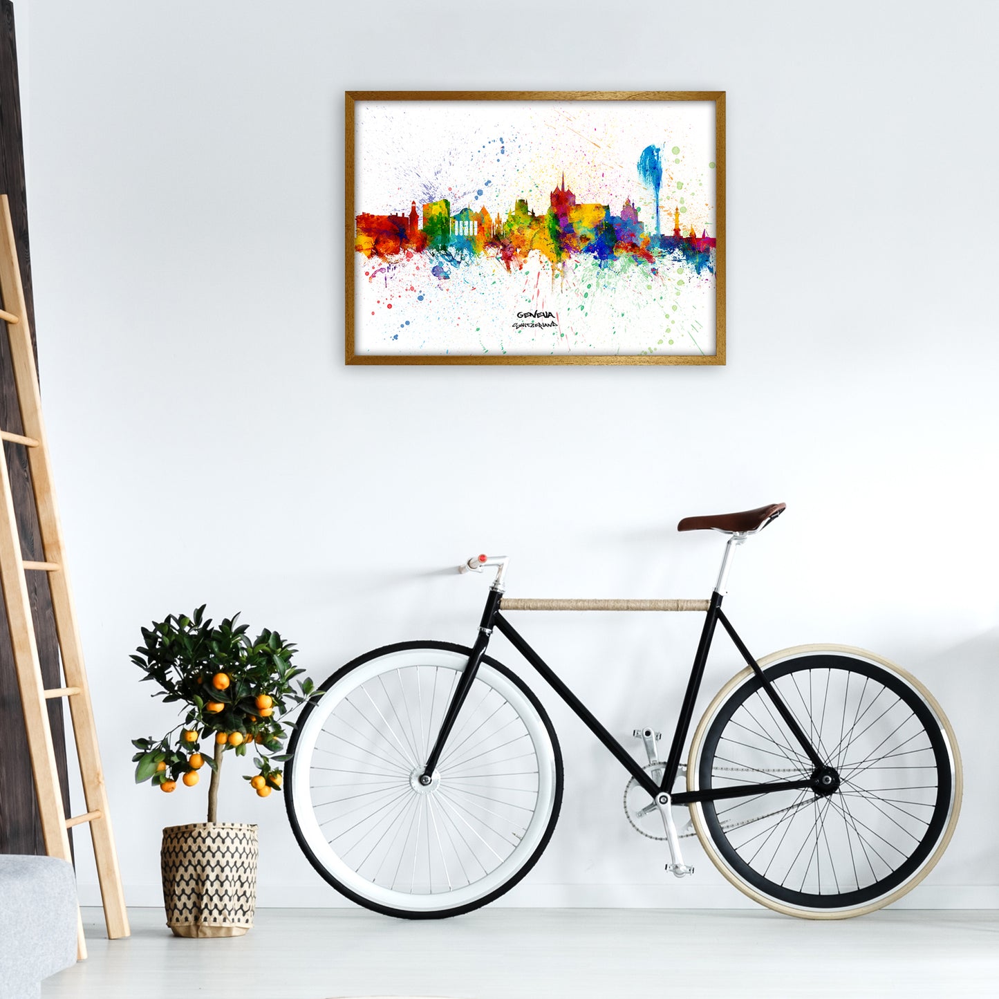 Geneva Switzerland Skyline Splash Art Print by Michael Tompsett A1 Print Only
