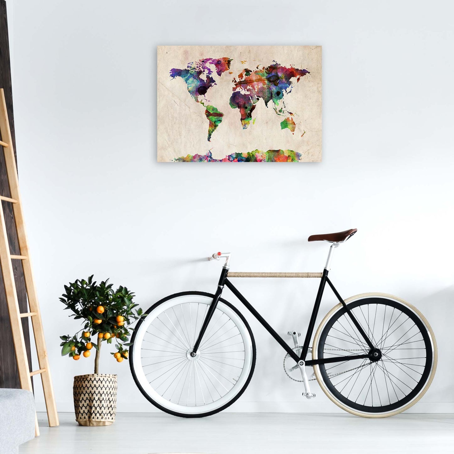 World Map Abstract Watercolour Art Print by Michael Tompsett A1 Black Frame