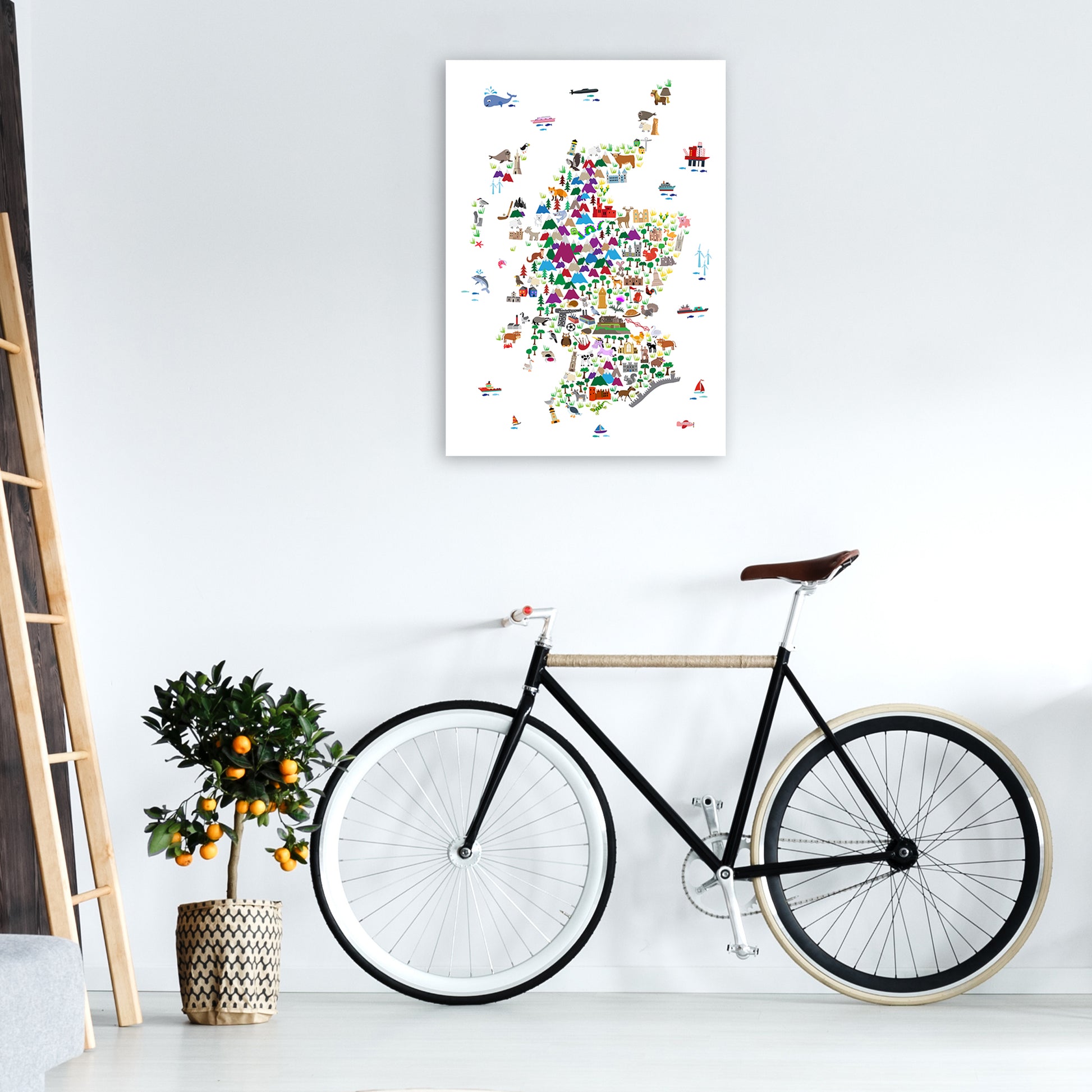 Animal Map of Scotland Nursery Print by Michael Tompsett A1 Black Frame