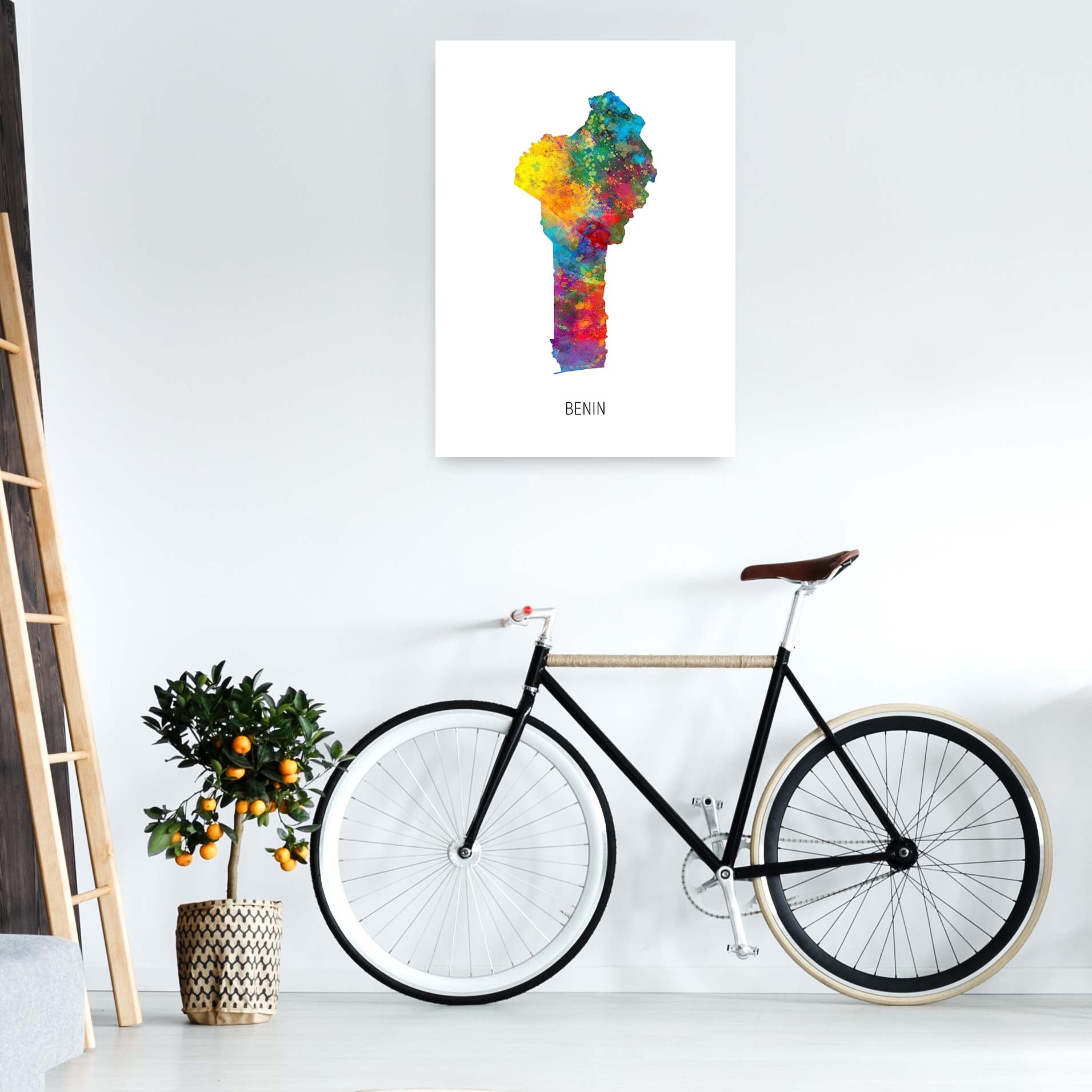Benin Watercolour Map Art Print by Michael Tompsett A1 Black Frame
