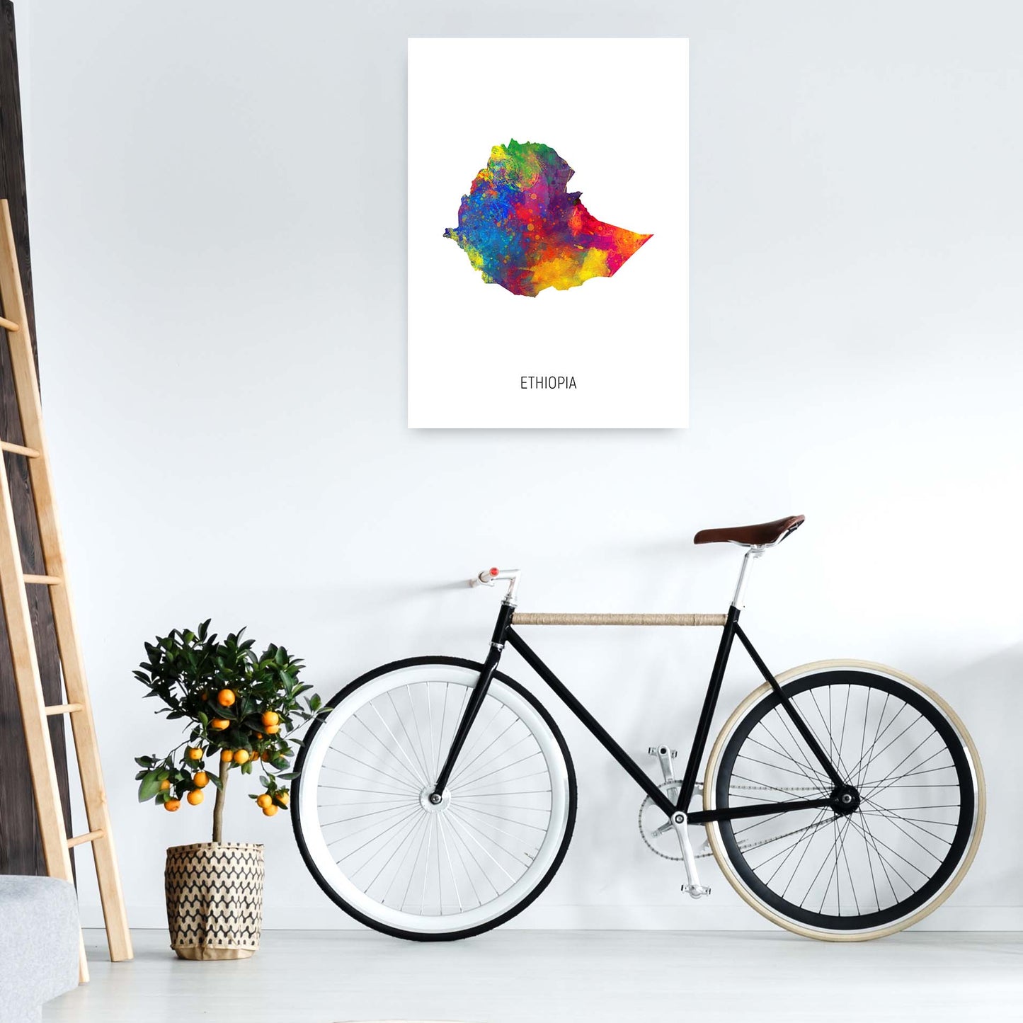 Ethiopia Watercolour Map Art Print by Michael Tompsett A1 Black Frame