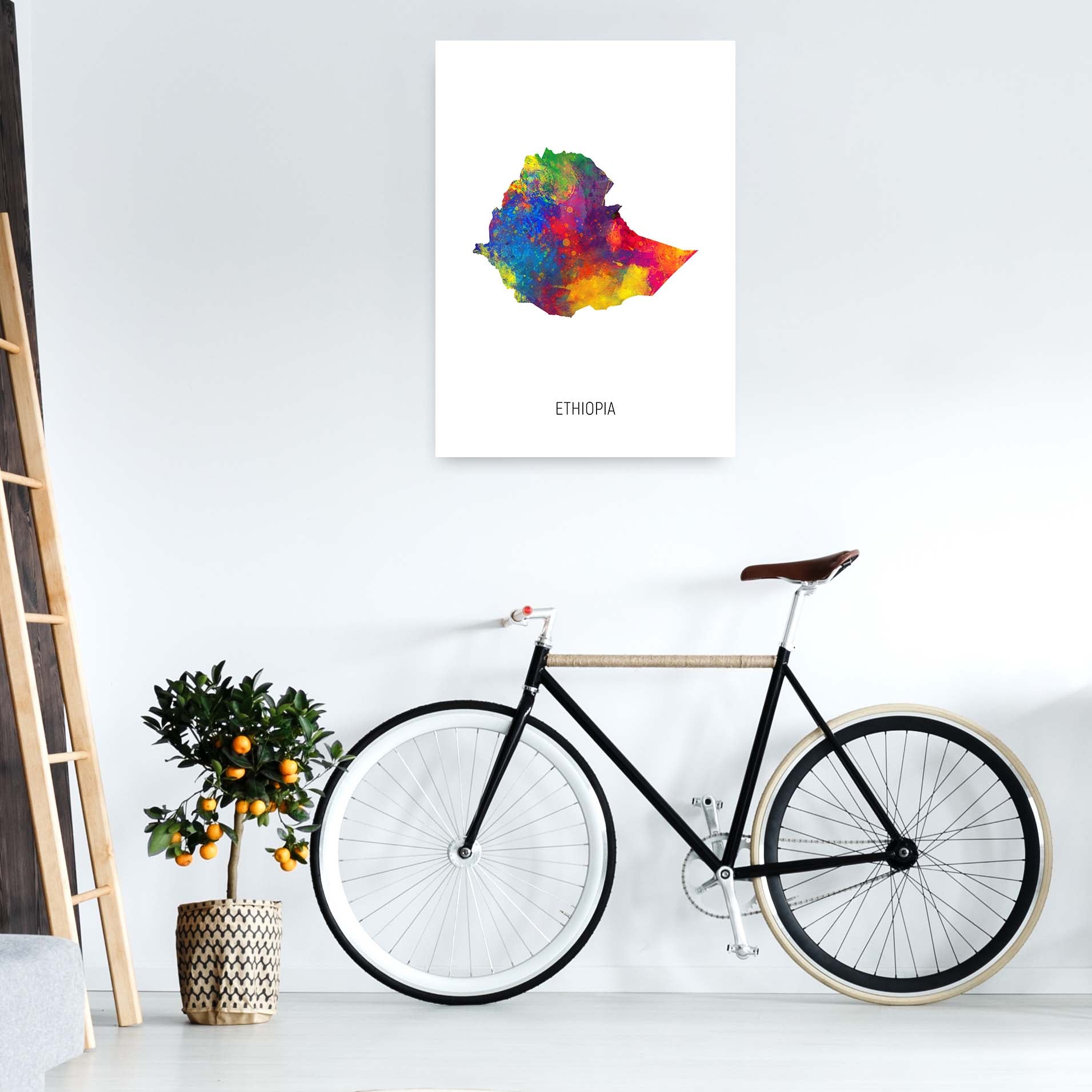 Ethiopia Watercolour Map Art Print by Michael Tompsett A1 Black Frame