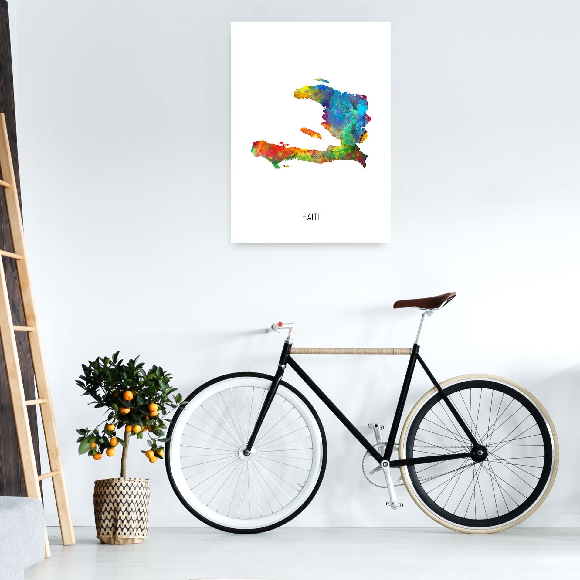 Haiti Watercolour Map Art Print by Michael Tompsett A1 Black Frame