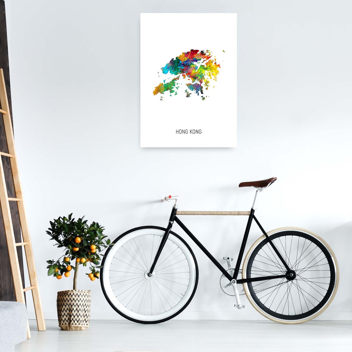 Hong Kong Watercolour Map Art Print by Michael Tompsett A1 Black Frame