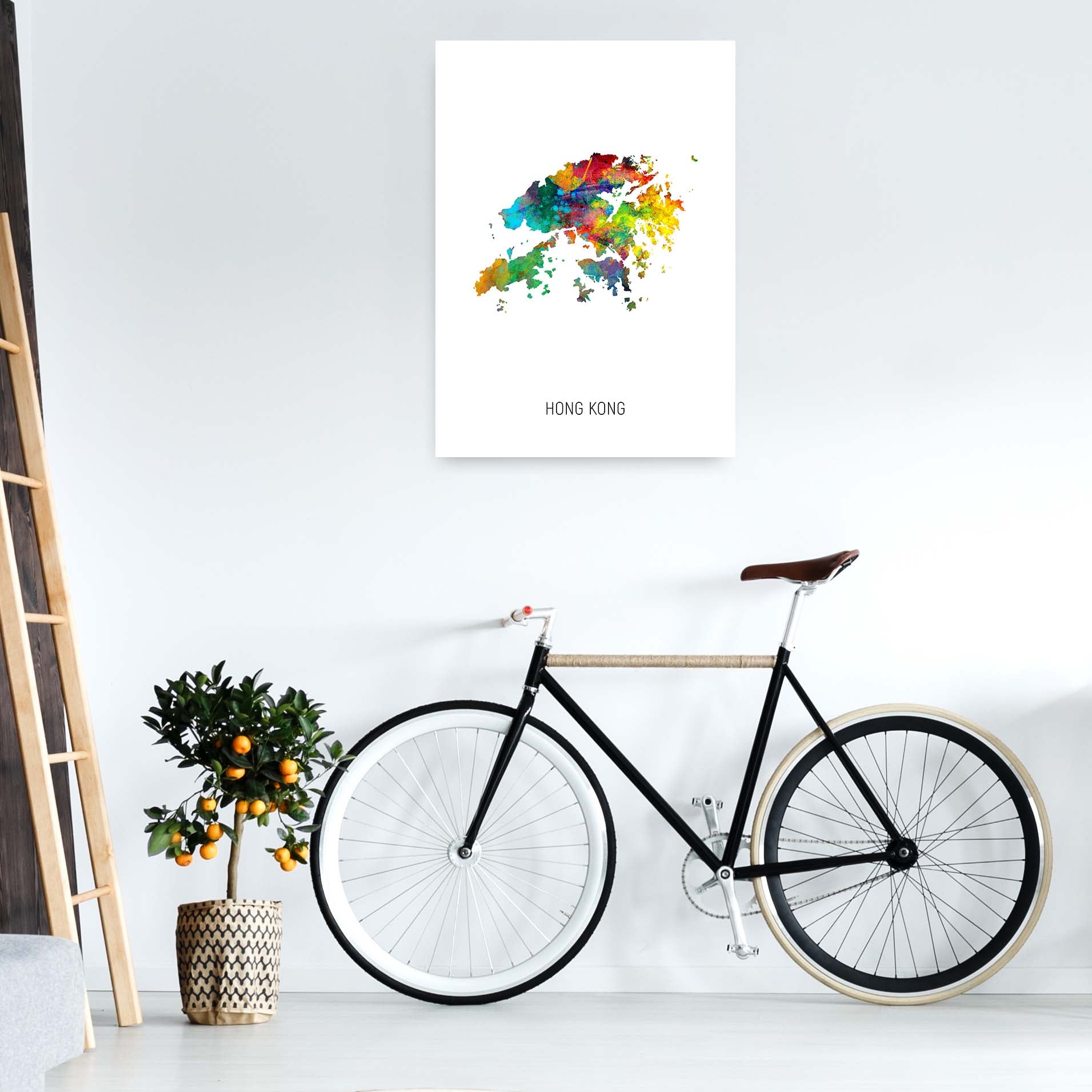 Hong Kong Watercolour Map Art Print by Michael Tompsett A1 Black Frame