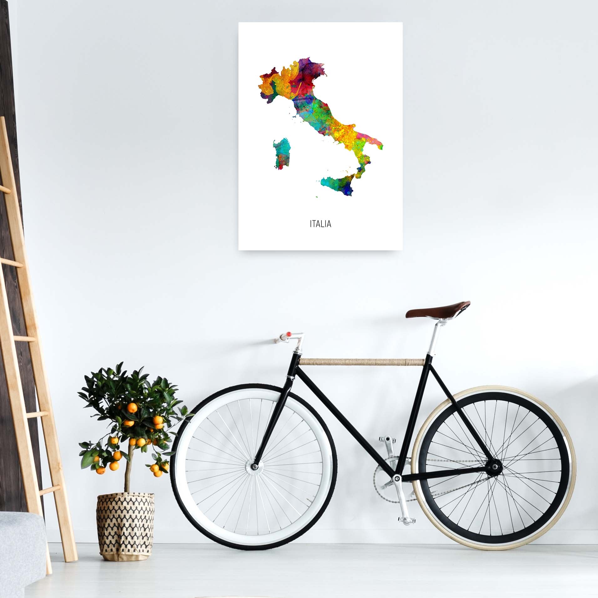 Italia Watercolour Map Art Print by Michael Tompsett A1 Black Frame