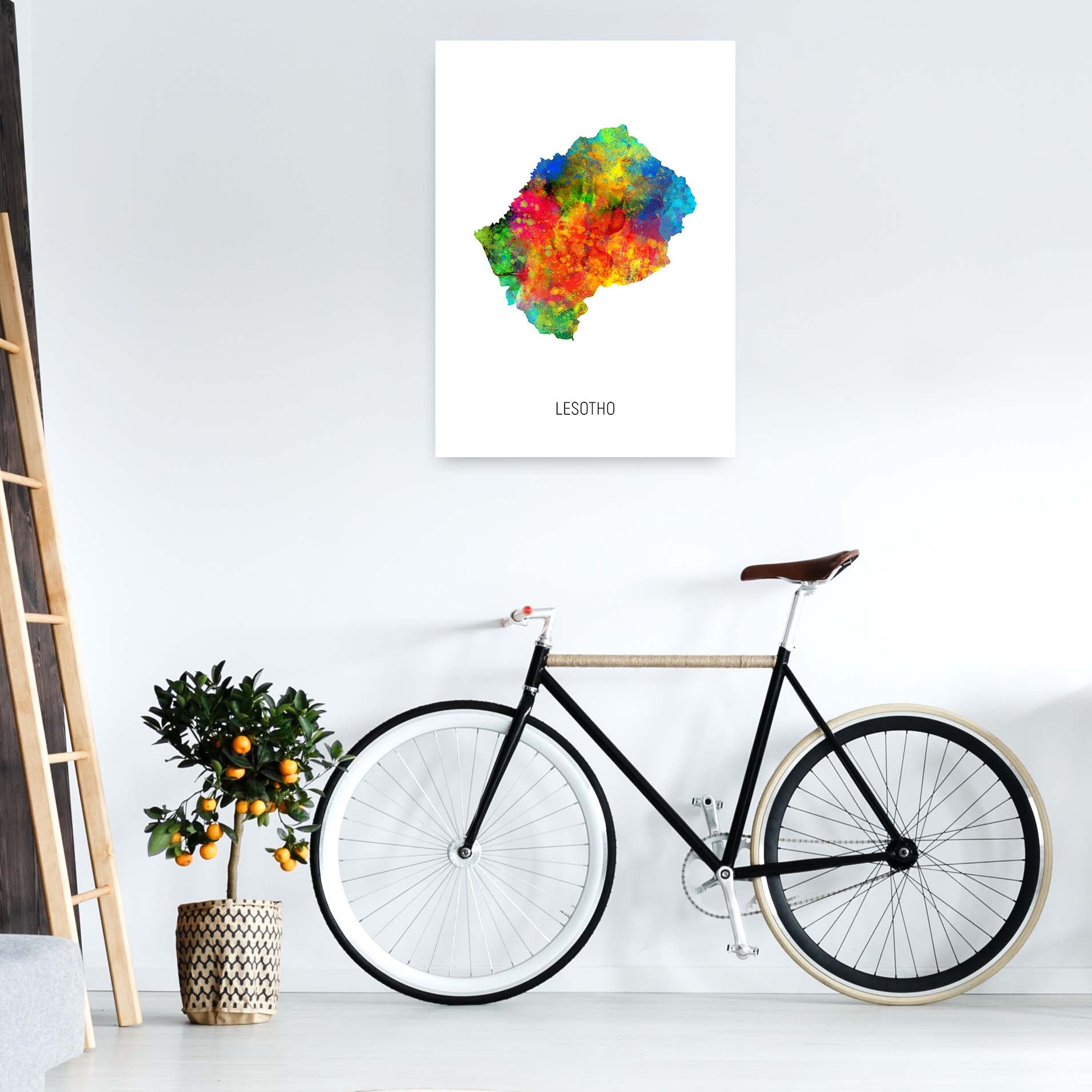 Lesotho Watercolour Map Art Print by Michael Tompsett A1 Black Frame