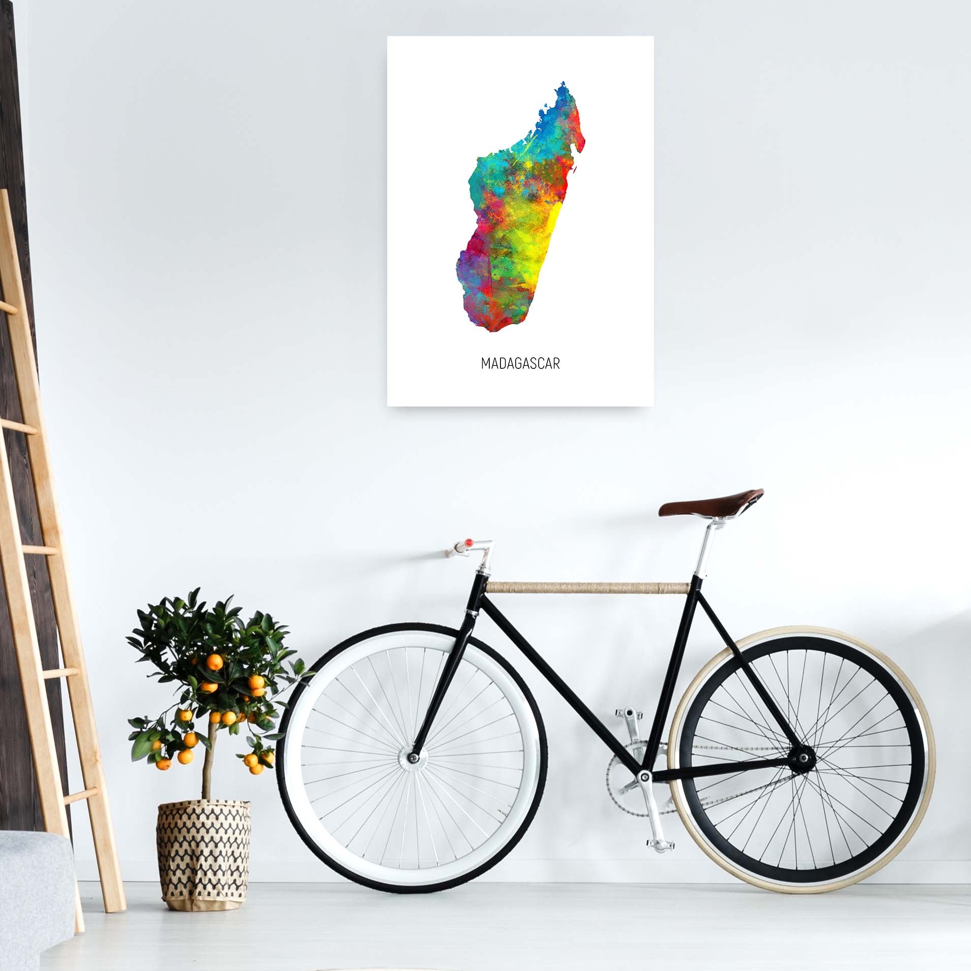 Madagascar Watercolour Map Art Print by Michael Tompsett A1 Black Frame