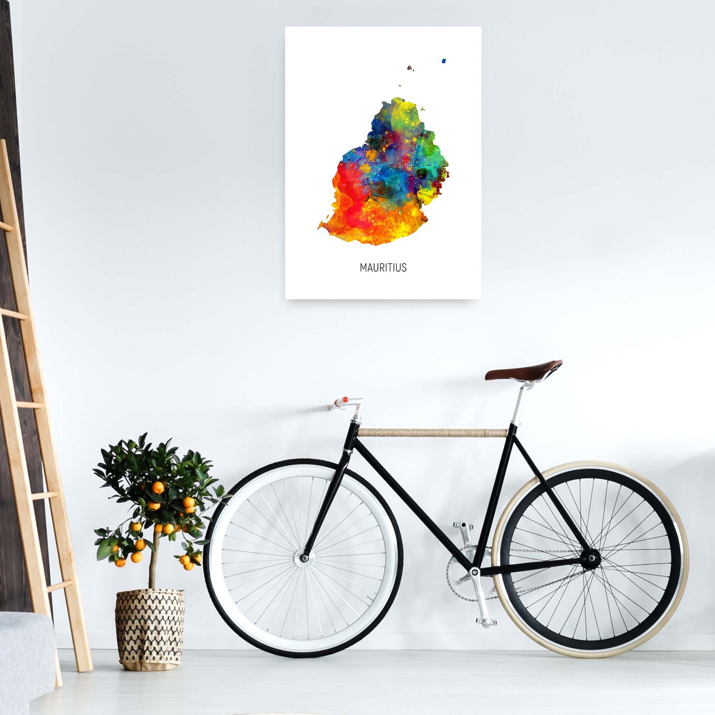 Mauritius Watercolour Map Art Print by Michael Tompsett A1 Black Frame