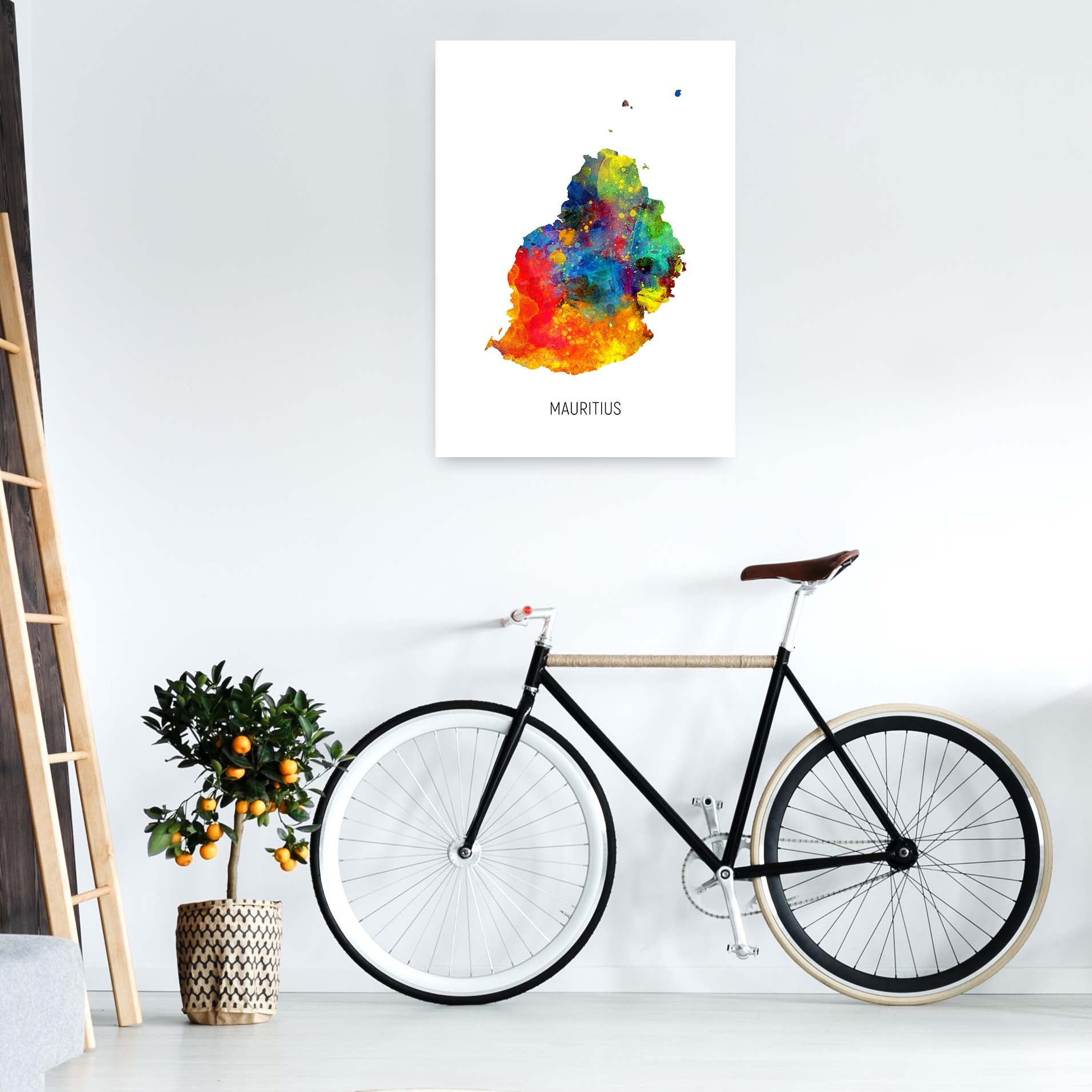 Mauritius Watercolour Map Art Print by Michael Tompsett A1 Black Frame