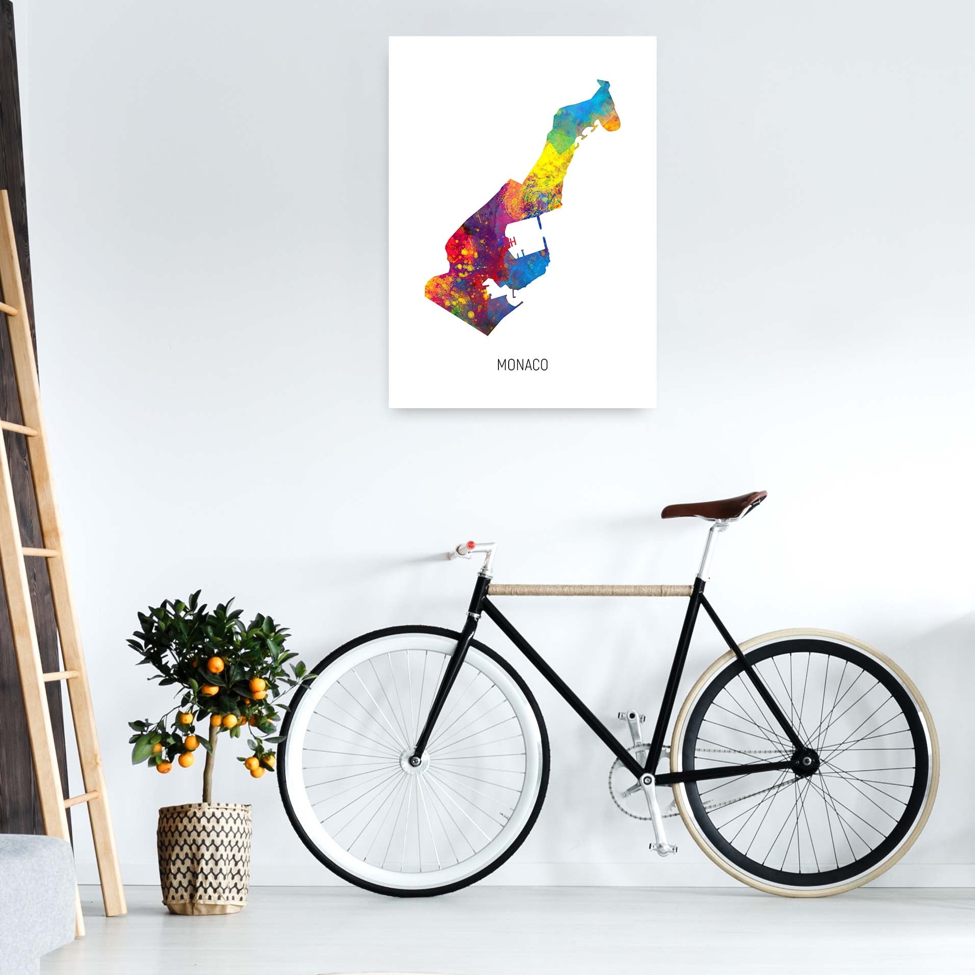 Monaco Watercolour Map Art Print by Michael Tompsett A1 Black Frame
