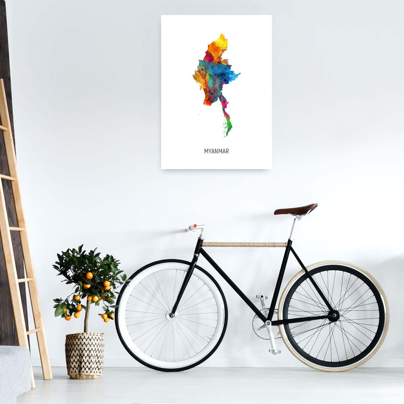 Myanmar Watercolour Map Art Print by Michael Tompsett A1 Black Frame